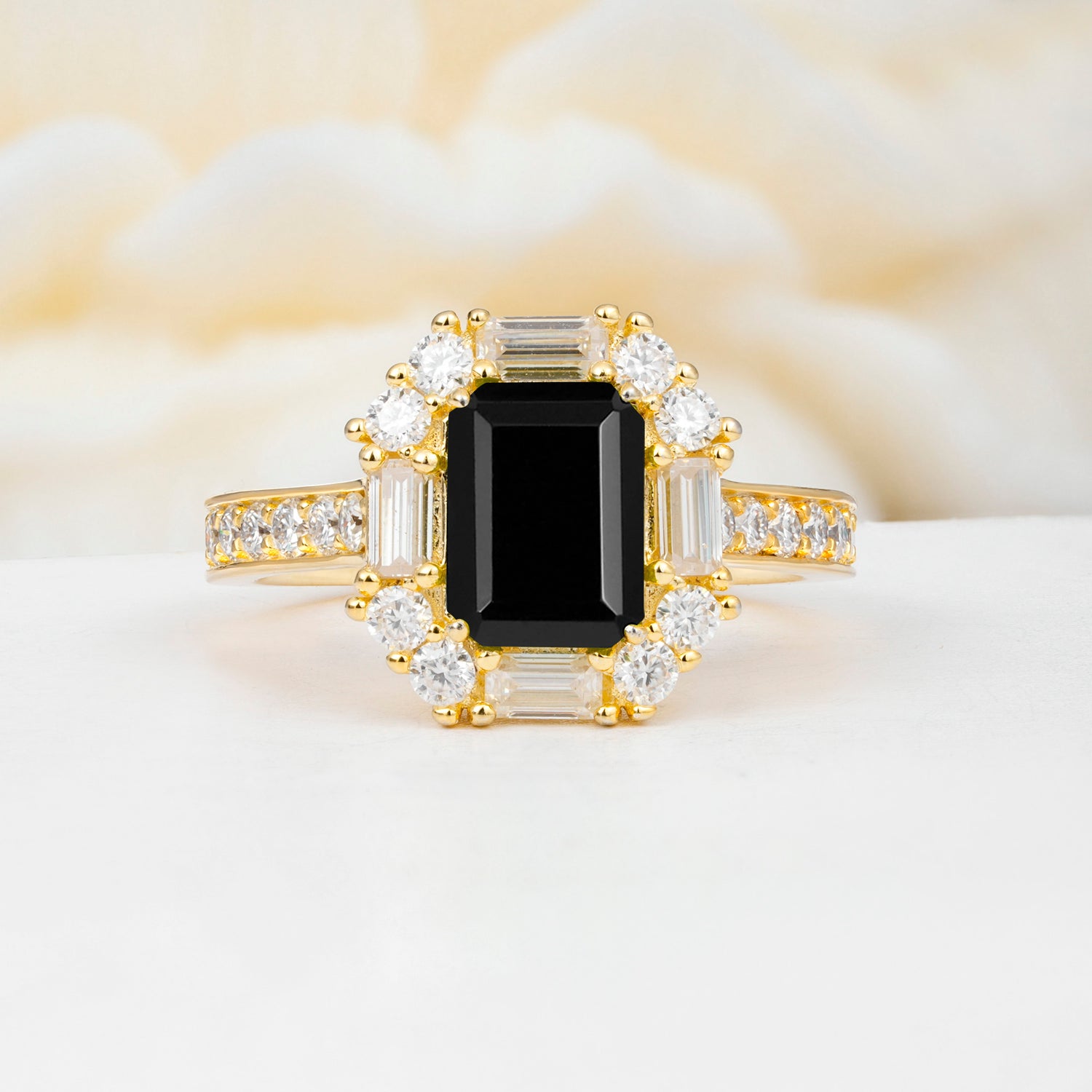 Emerald Cut Black Onyx Halo Engagement Ring