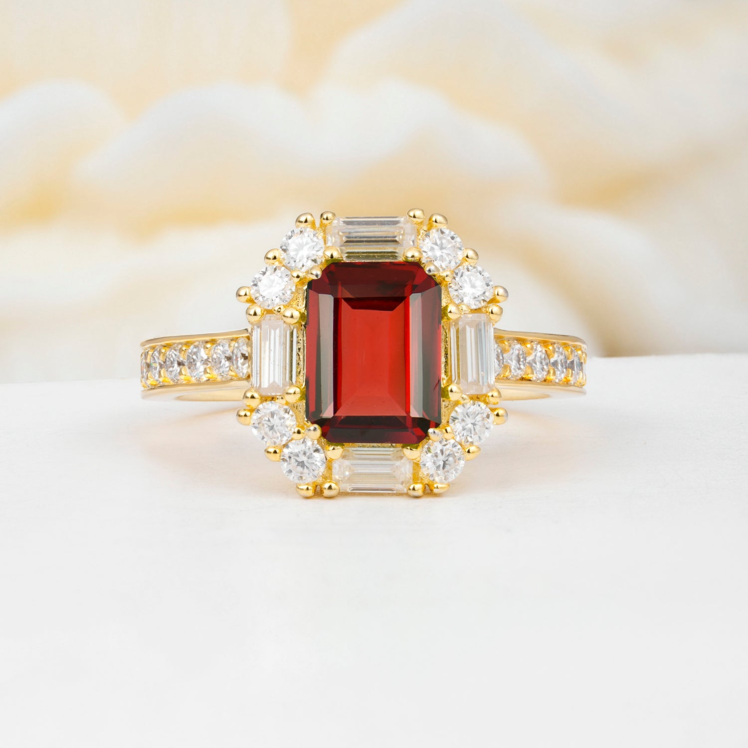 Emerald Cut Garnet Ballerina Halo Engagement Ring