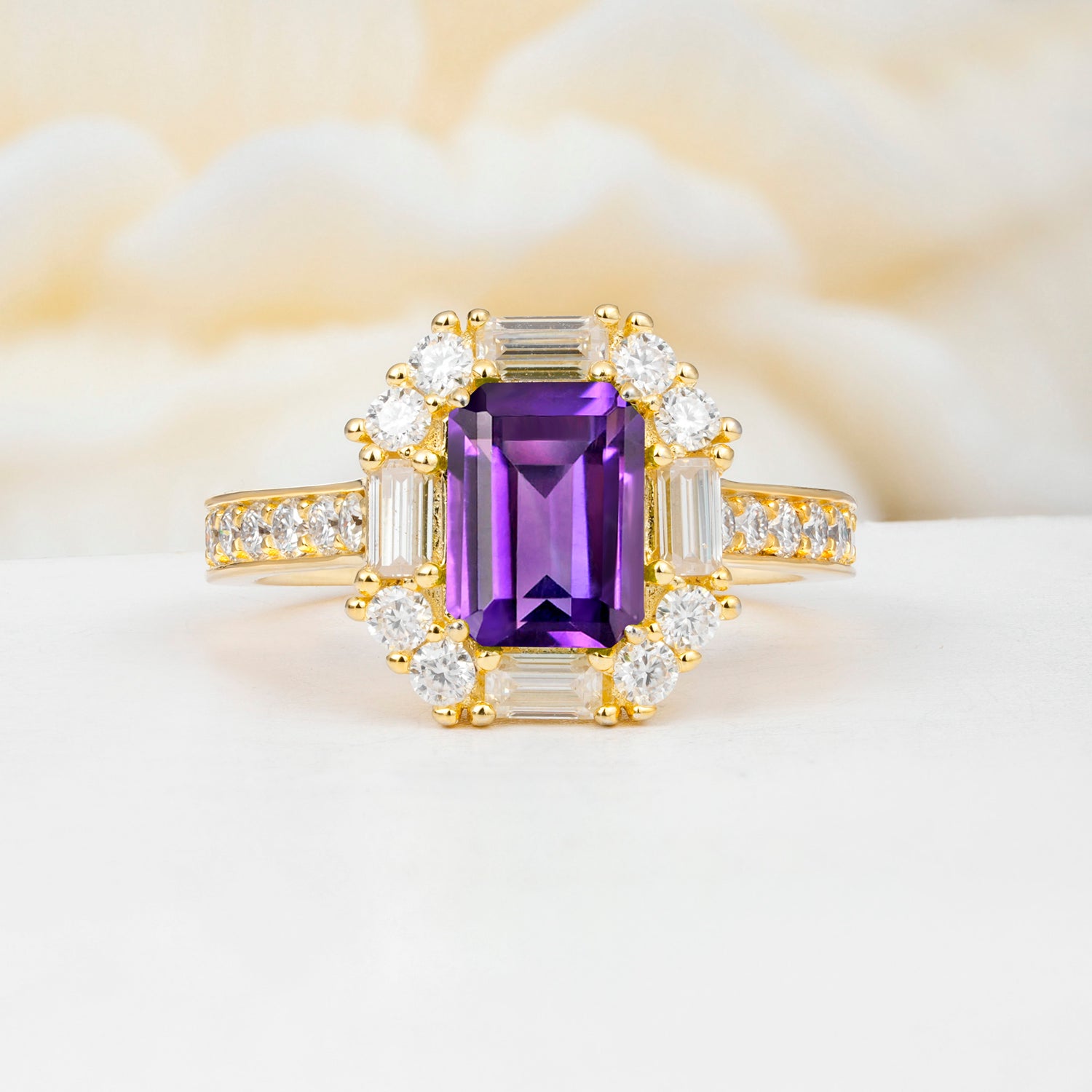 Emerald Cut Amethyst Ballerina Halo Engagement Ring