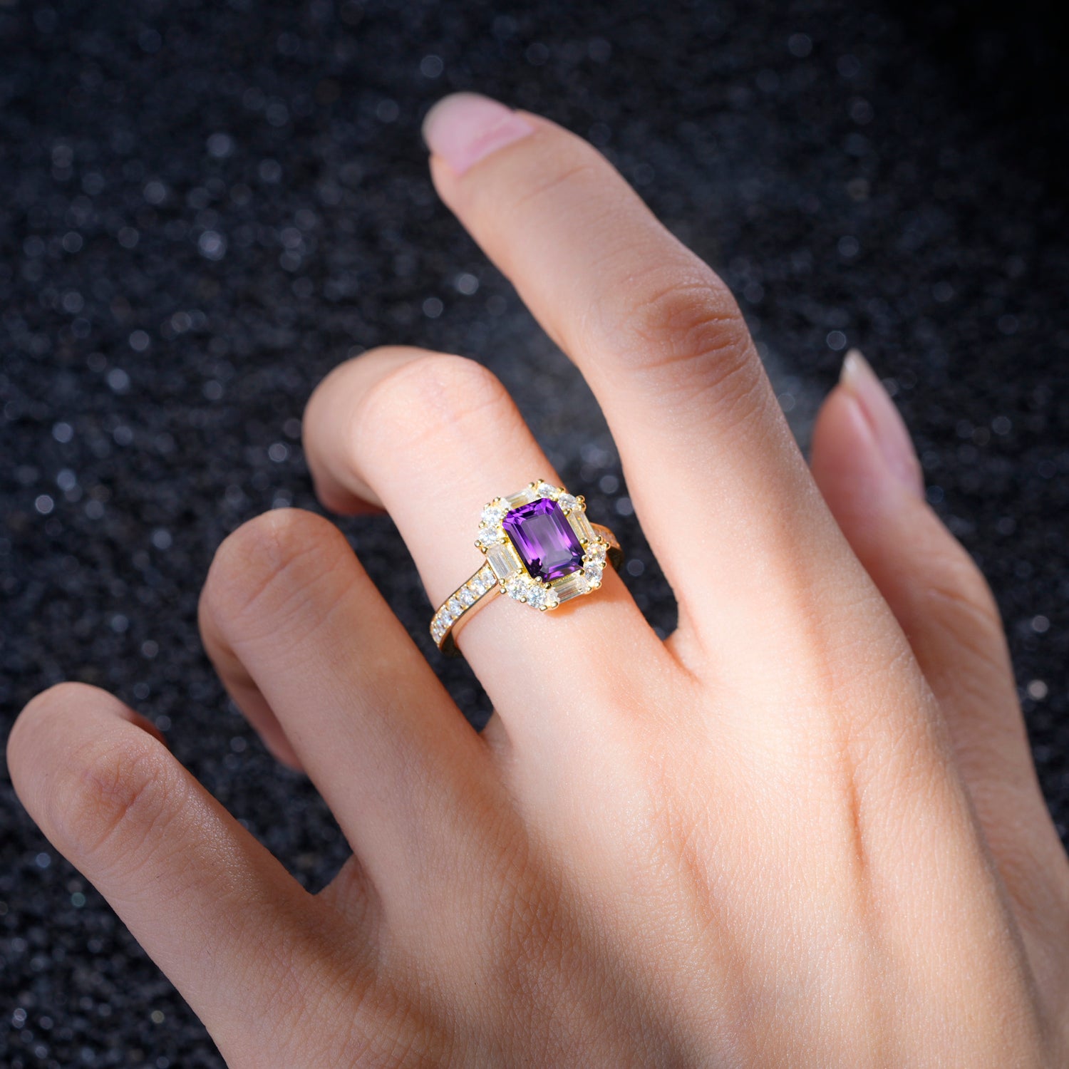 Emerald Cut Amethyst Ballerina Halo Engagement Ring