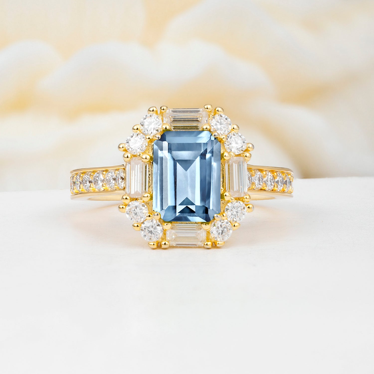 Emerald Cut Aquamarine Ballerina Halo Engagement Ring