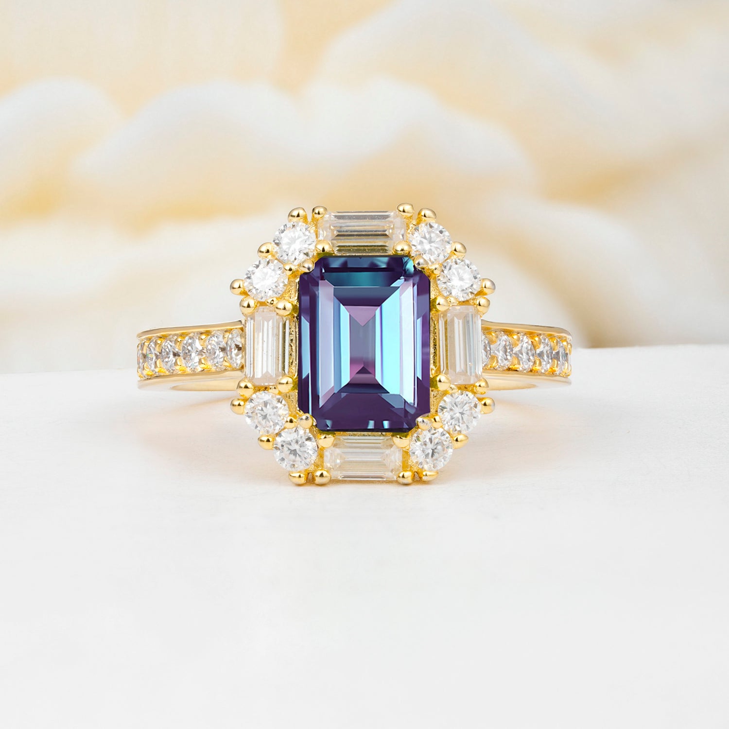 Emerald Cut Alexandrite Ballerina Halo Engagement Ring