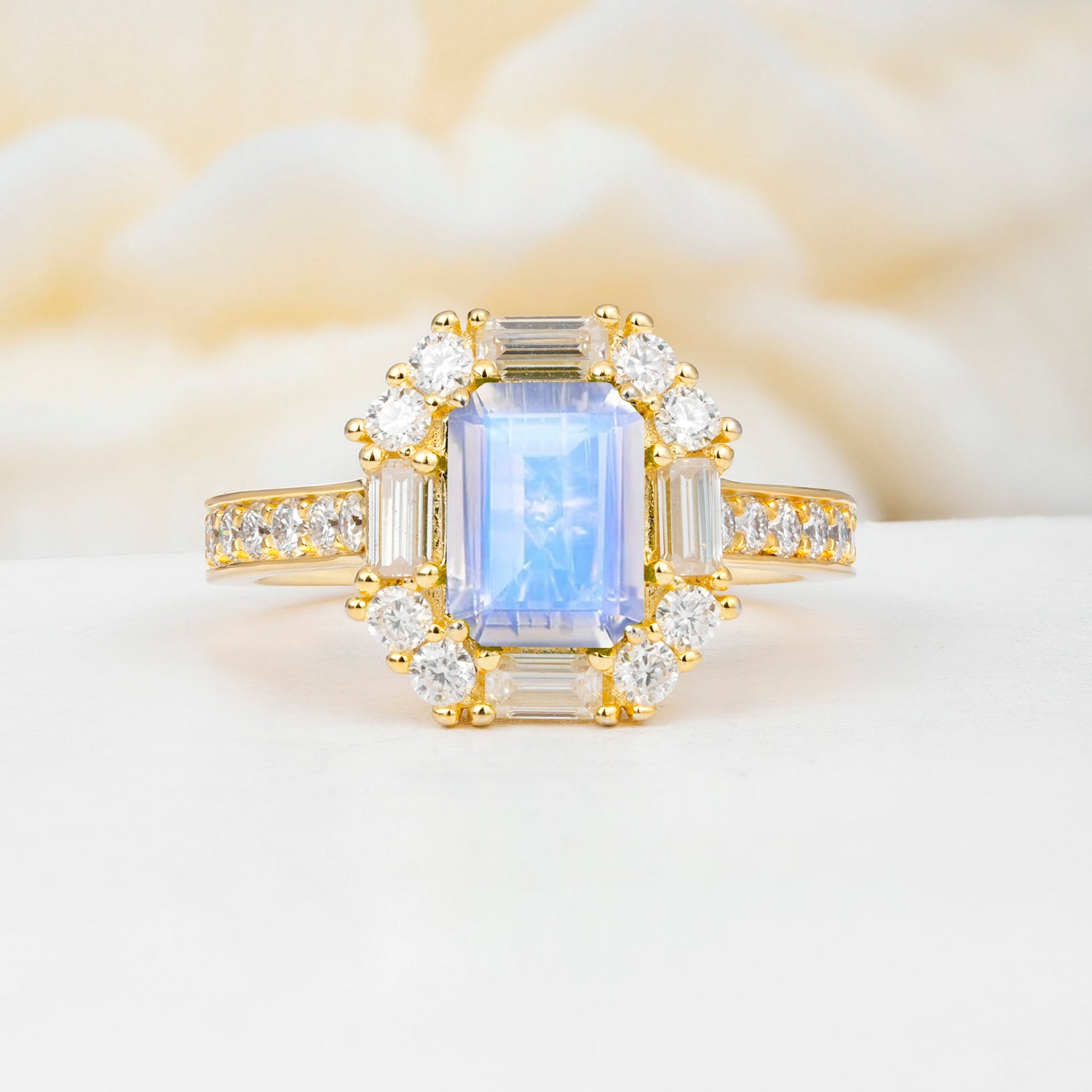 Emerald Cut Moonstone Ballerina Halo Engagement Ring