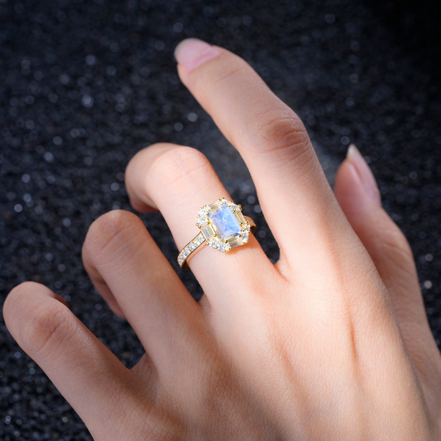 Emerald Cut Moonstone Ballerina Halo Engagement Ring