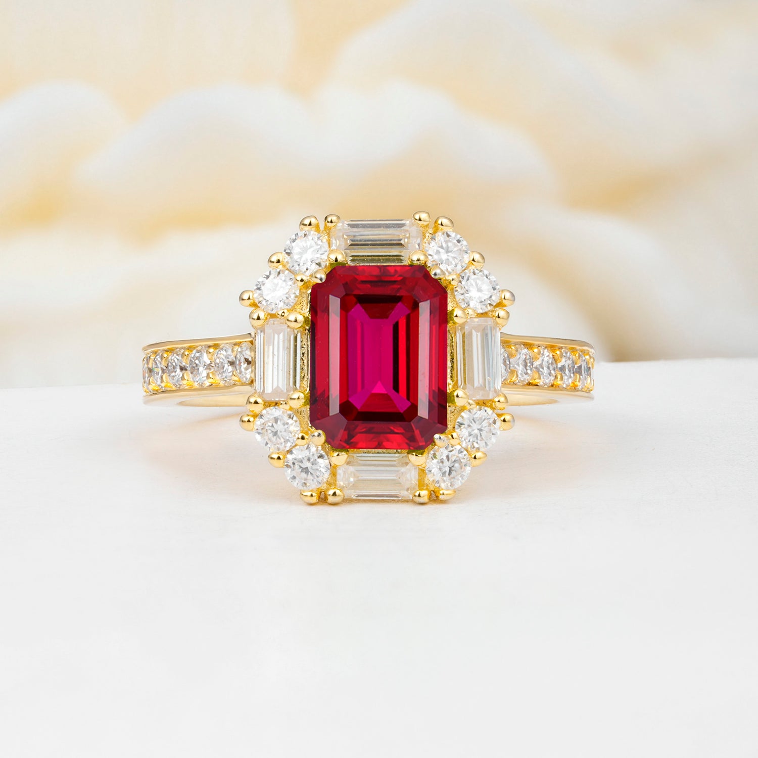 Emerald Cut Ruby Halo Engagement Ring
