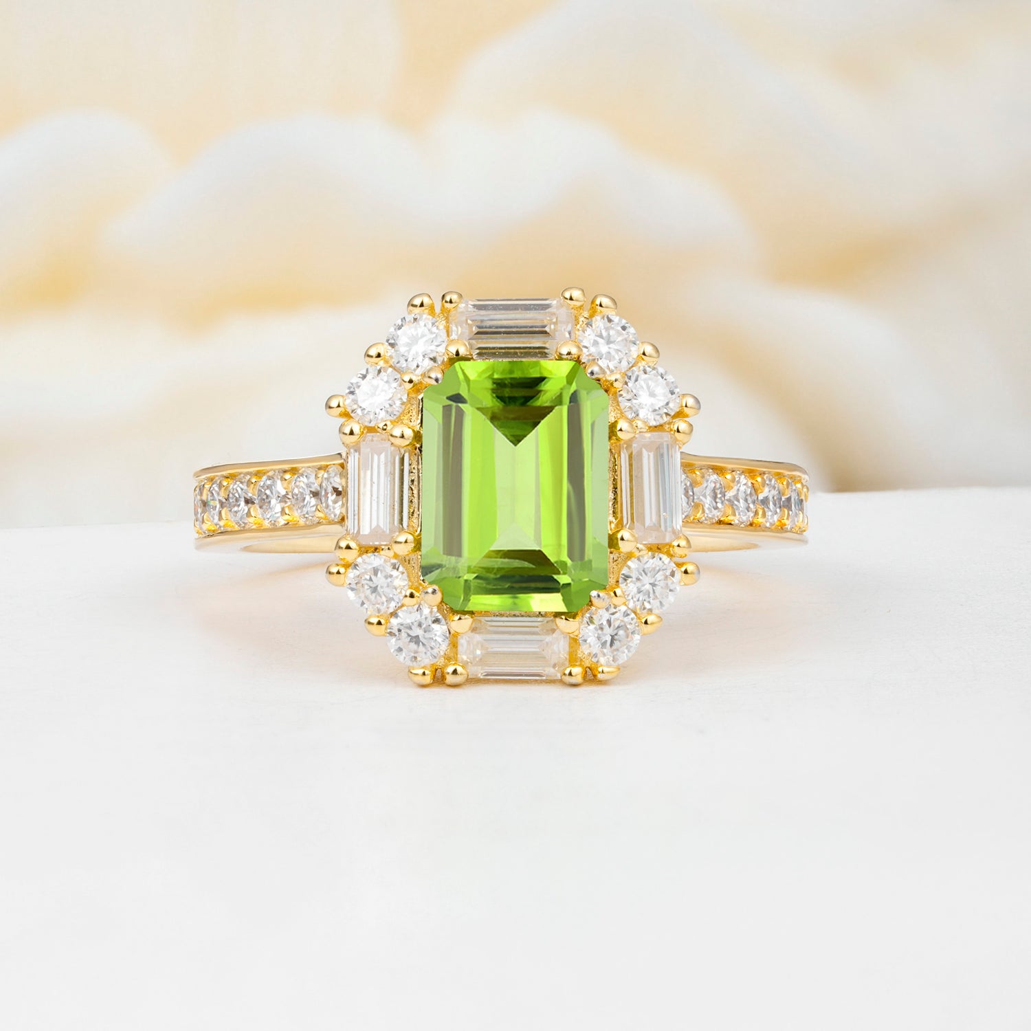 Emerald Cut Peridot Halo Engagement Ring