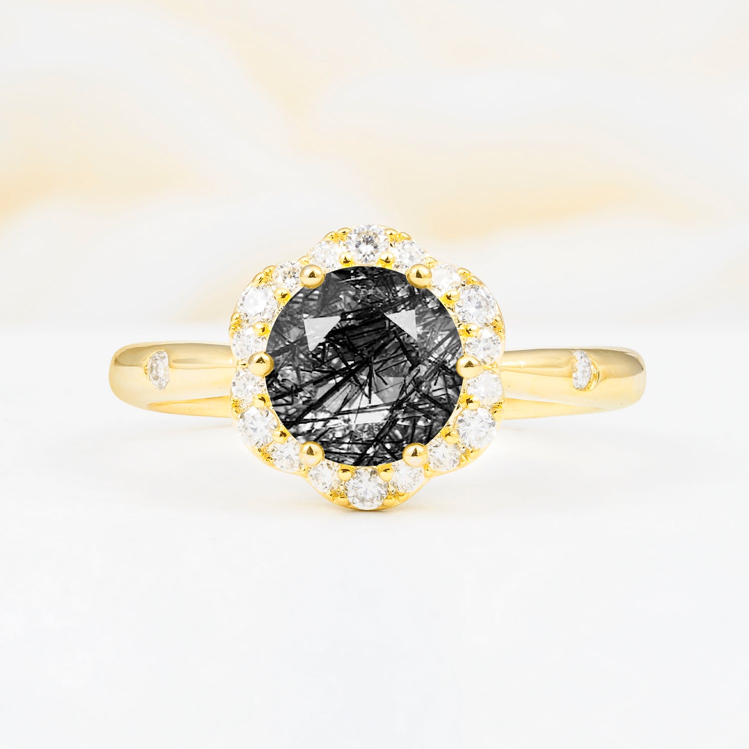 Vintage Scalloped Round Black Rutilated Quartz Halo Ring for her