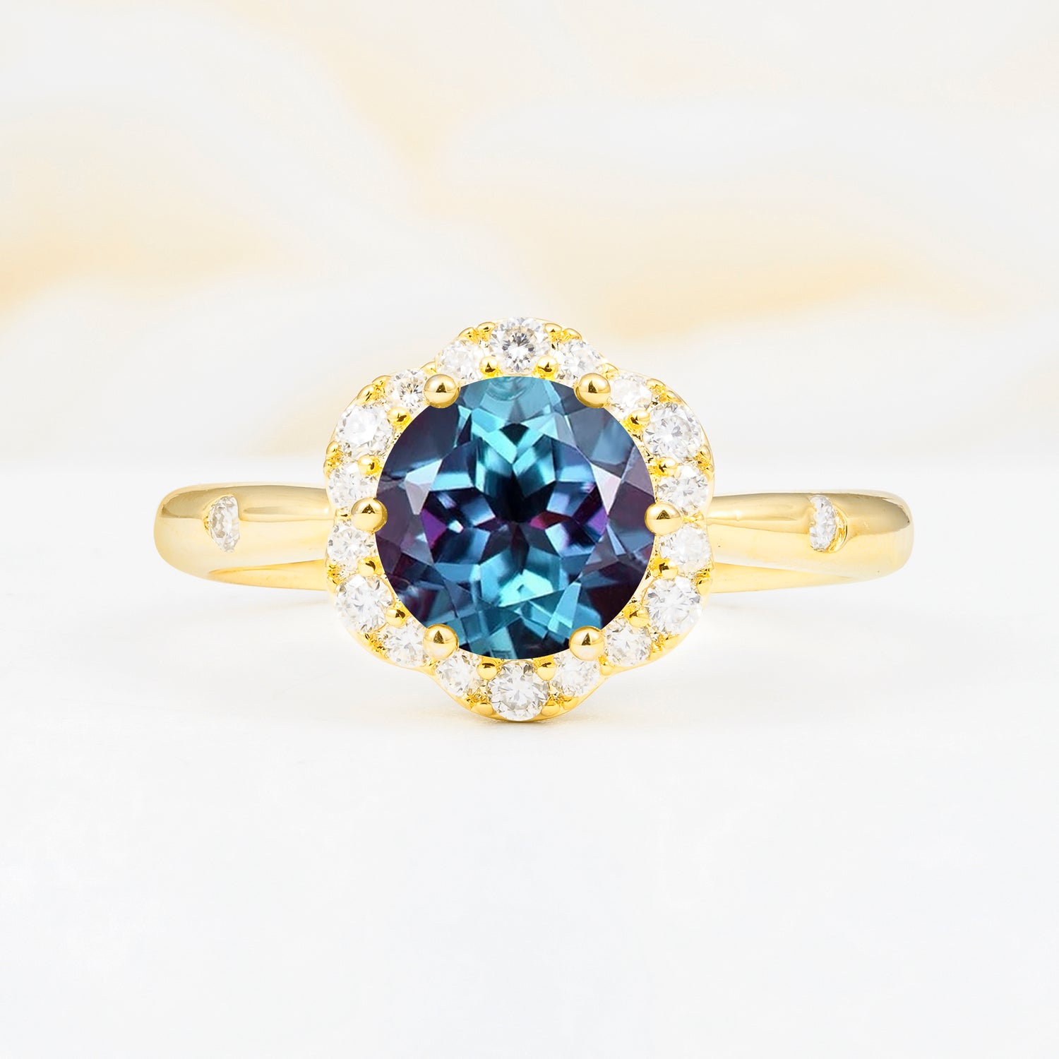 Vintage Scalloped Round Alexandrite Halo Ring for her