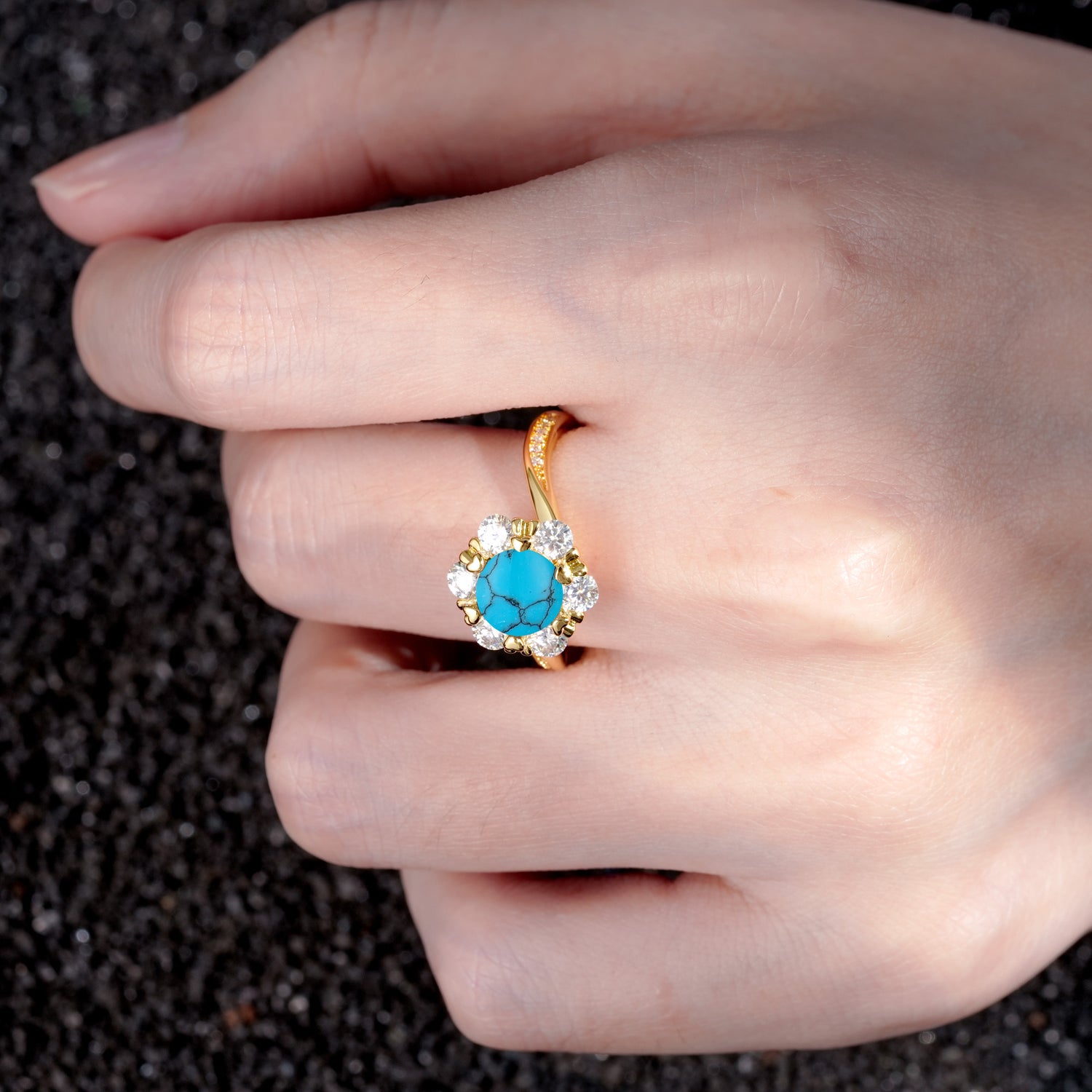 Round Cut Turquoise Heart Halo Ring  for Her