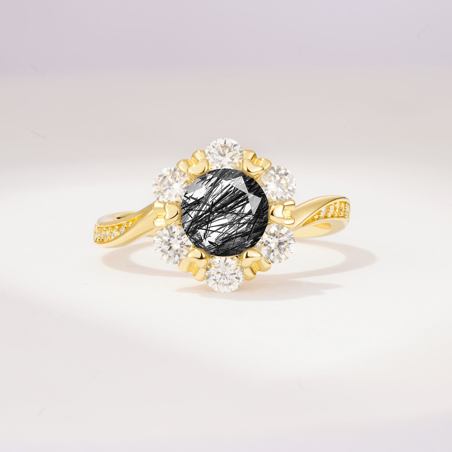 Round Cut Black Rutilated Quartz Heart Halo Ring  for Her