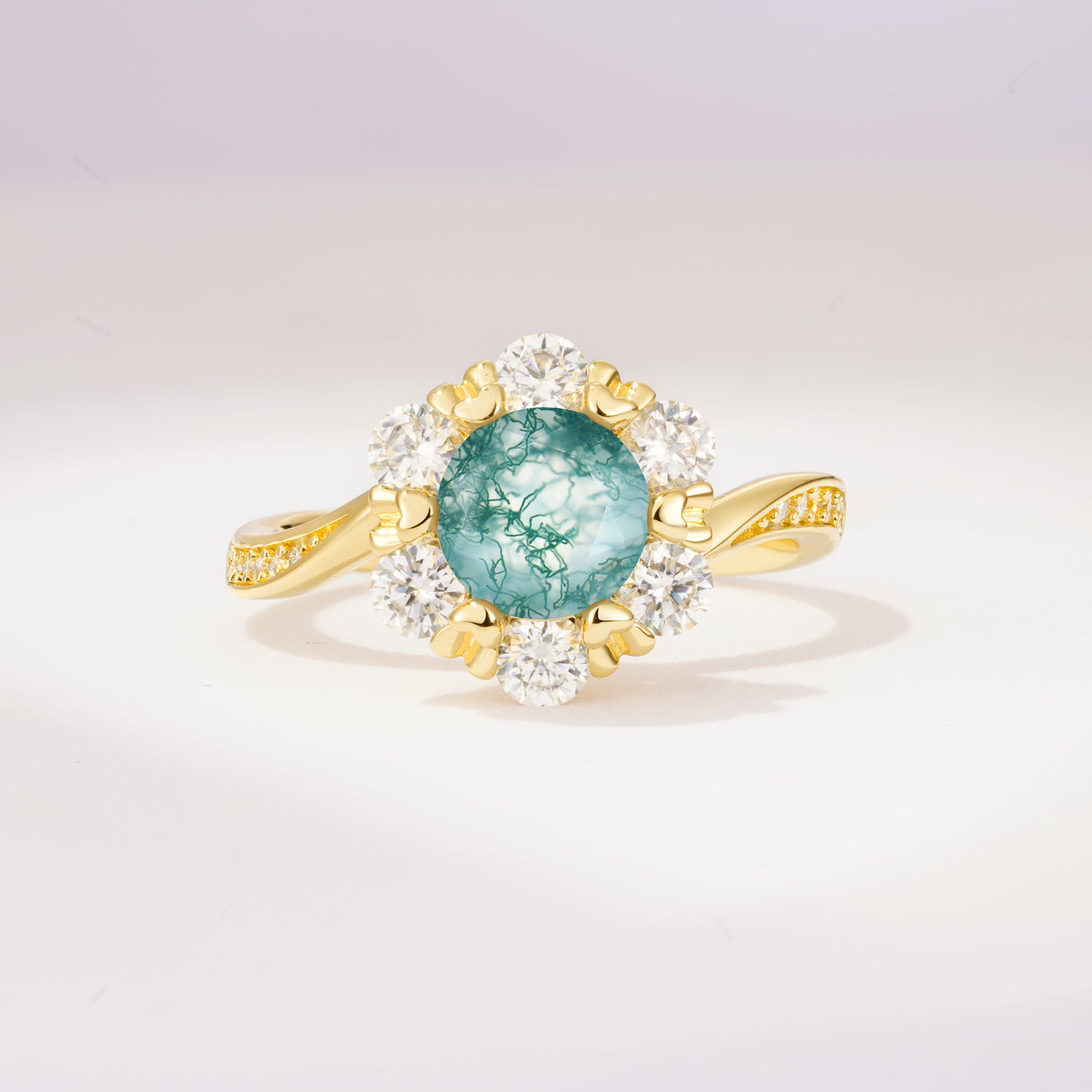Round Cut Moss Agate Heart Halo Ring  for Her