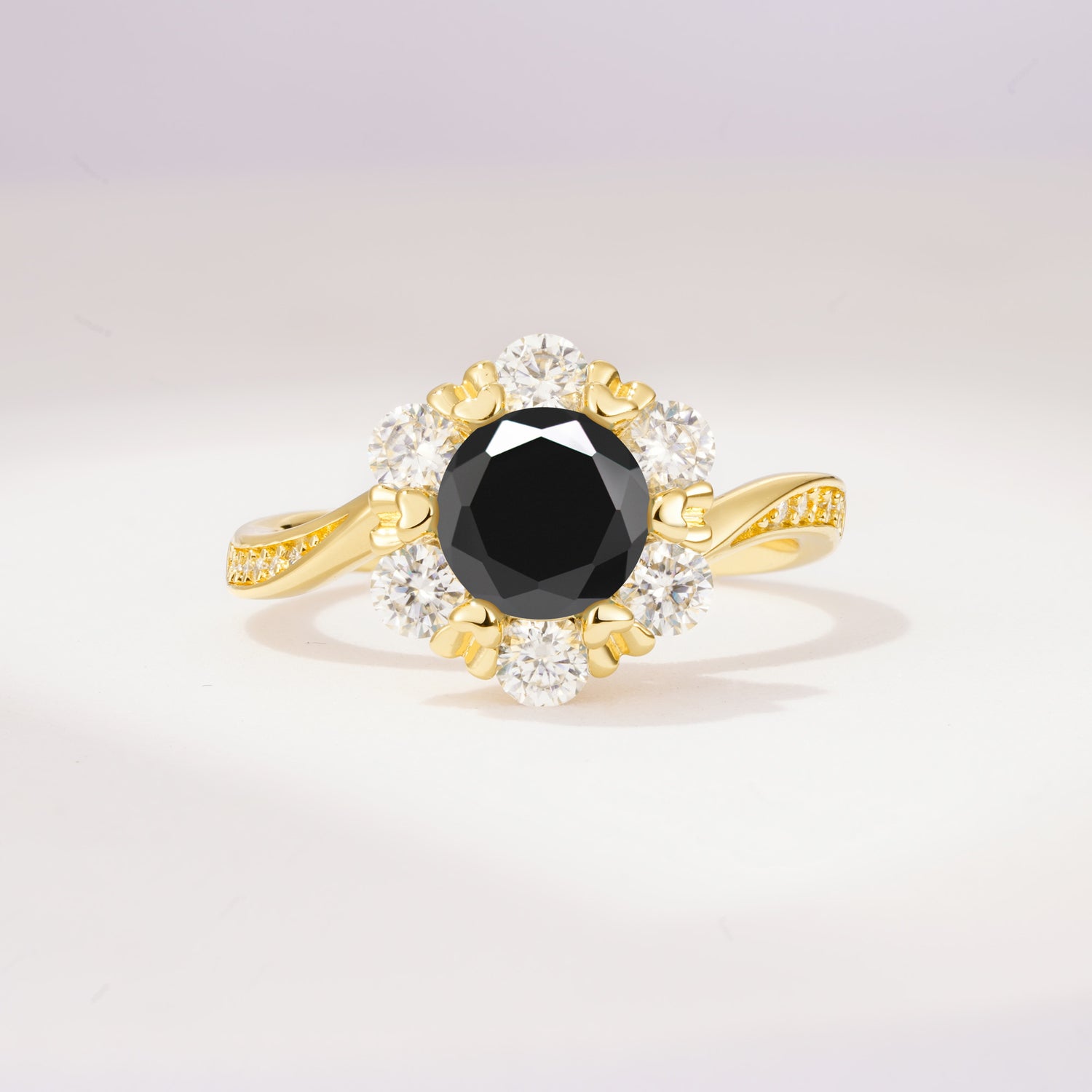 Round Cut Black Onyx Heart Halo Ring  for Her