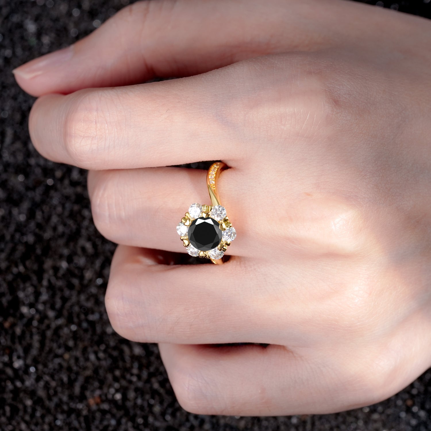 Round Cut Black Onyx Heart Halo Ring  for Her