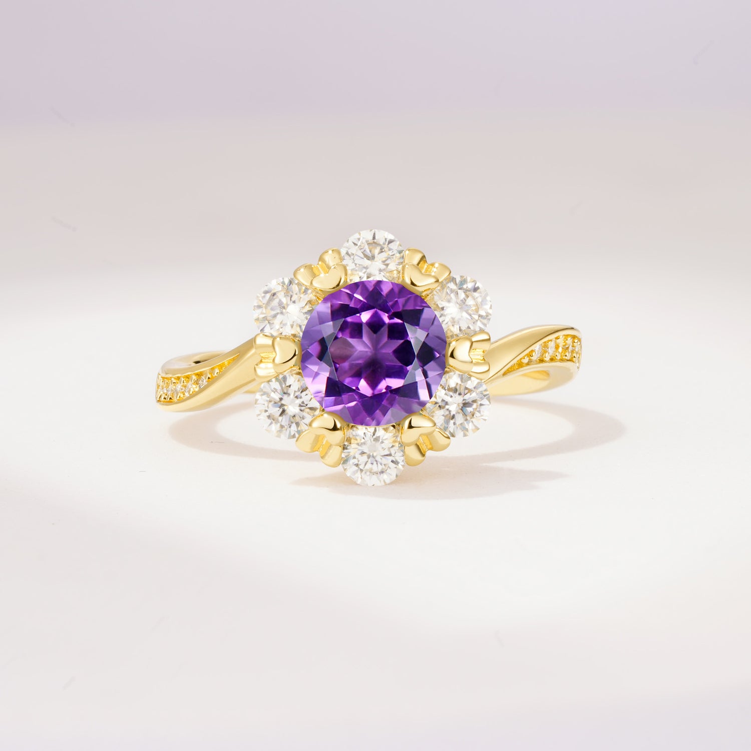 Round Cut Amethyst Heart Halo Ring  for Her