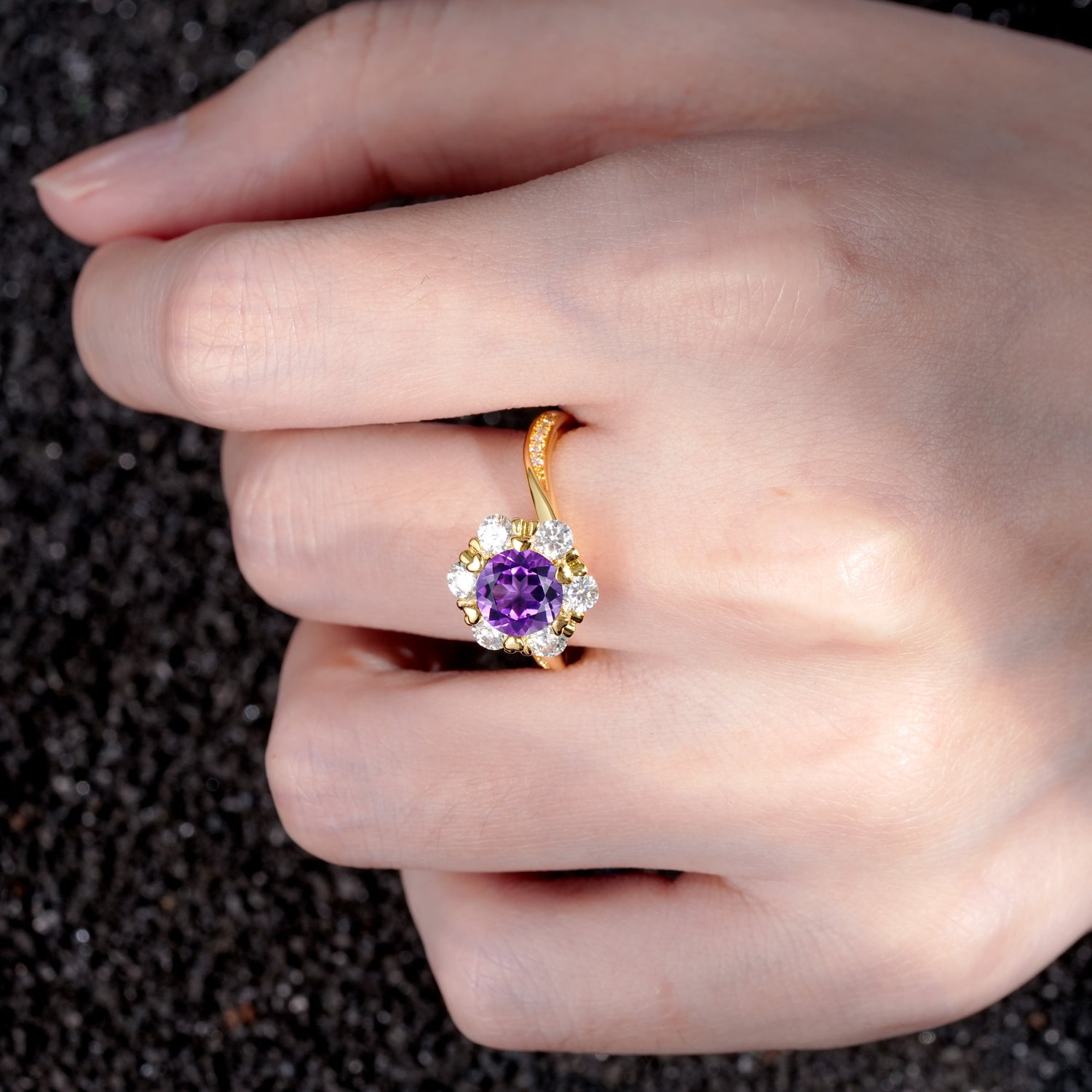 Round Cut Amethyst Heart Halo Ring  for Her
