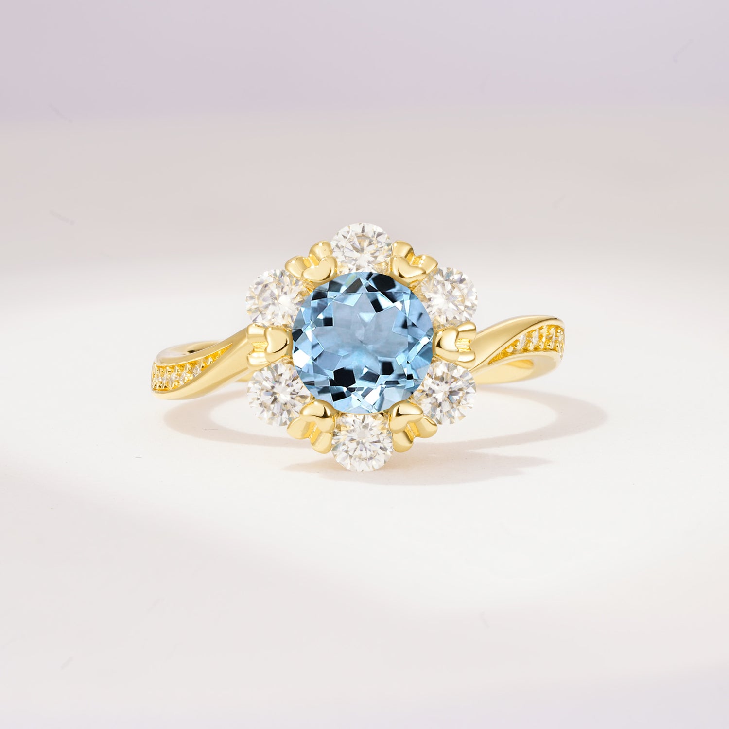 Round Cut Aquamarine Heart Halo Ring  for Her