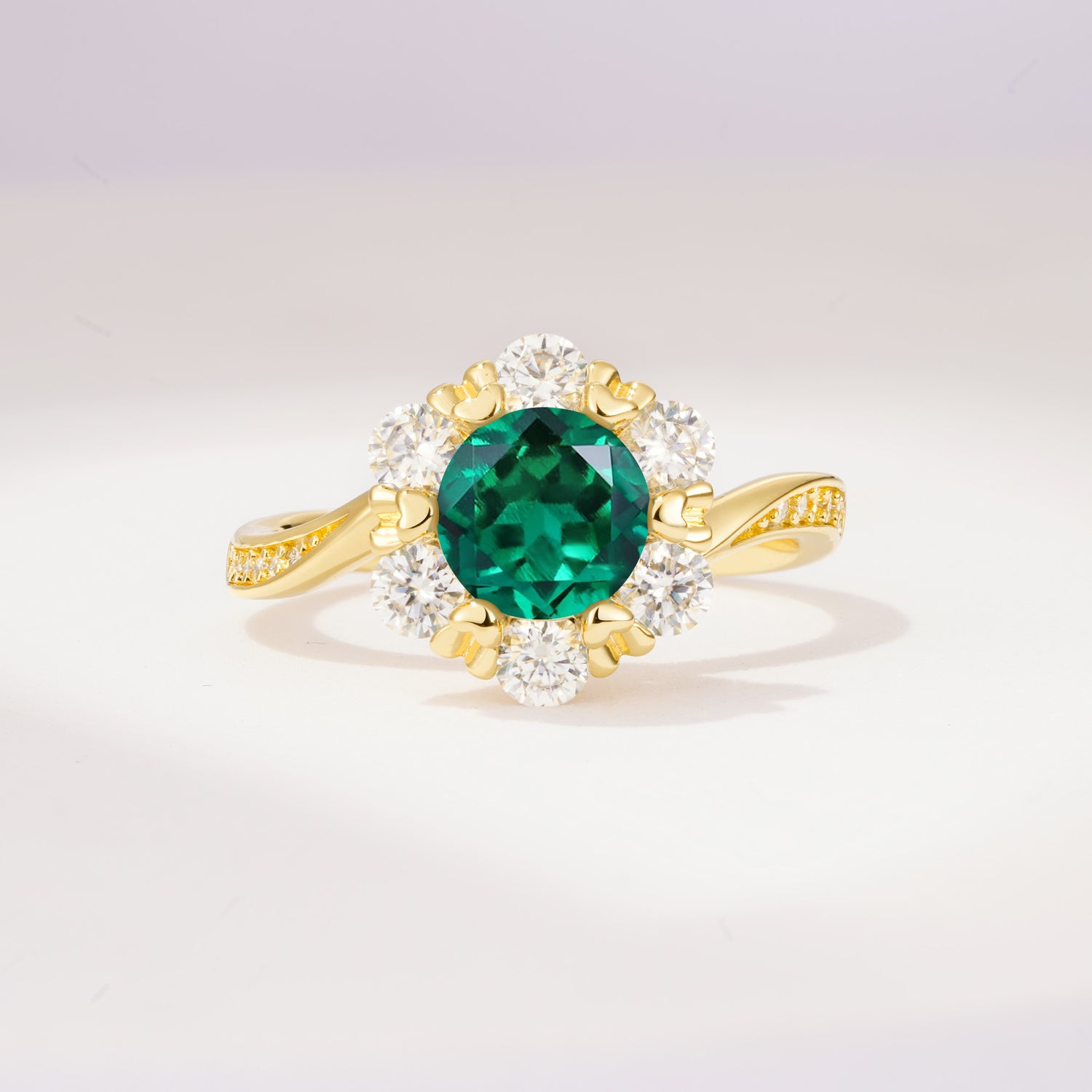 Round Cut Emerald Heart Halo Ring  for Her