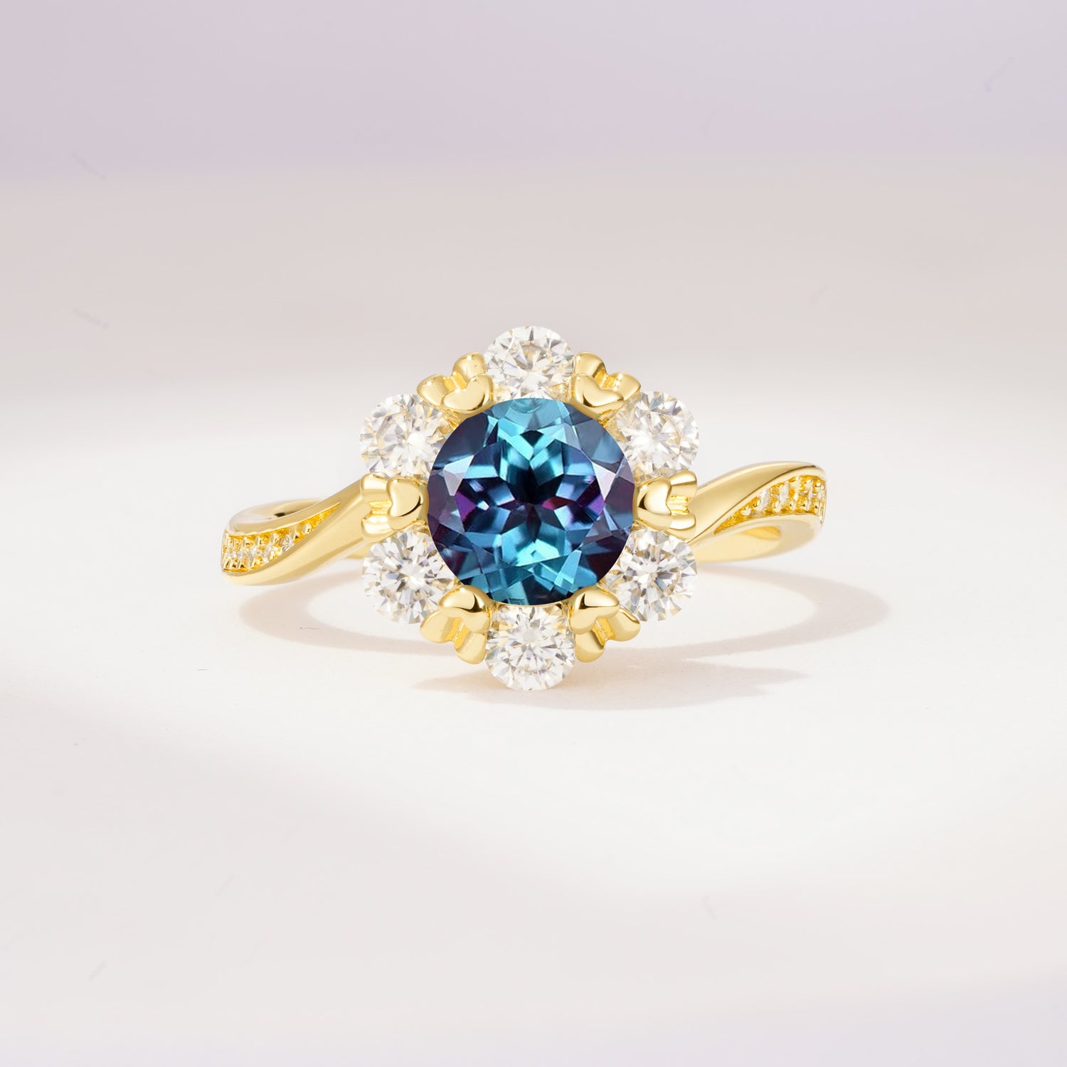 Round Cut Alexandrite Heart Halo Ring  for Her