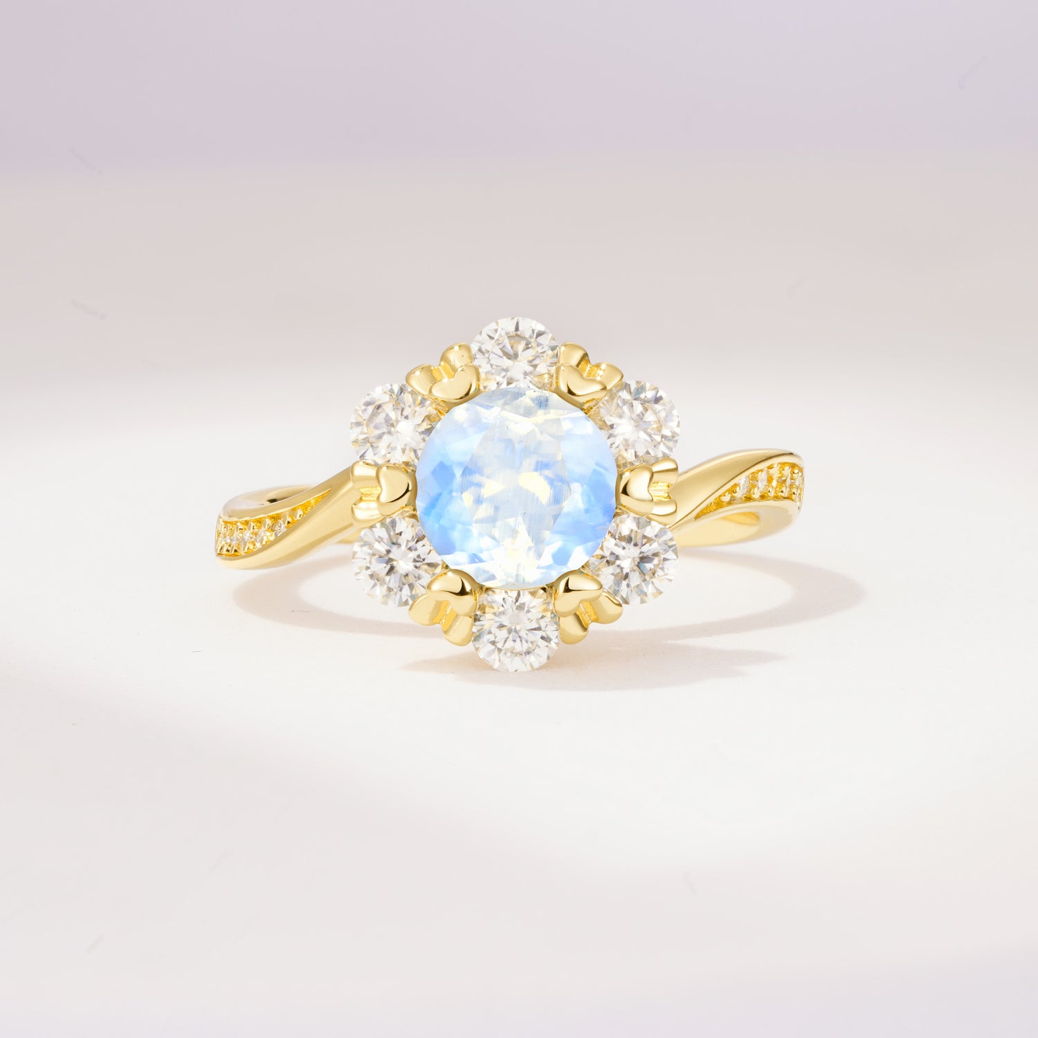 Round Cut Moonstone Heart Halo Ring  for Her