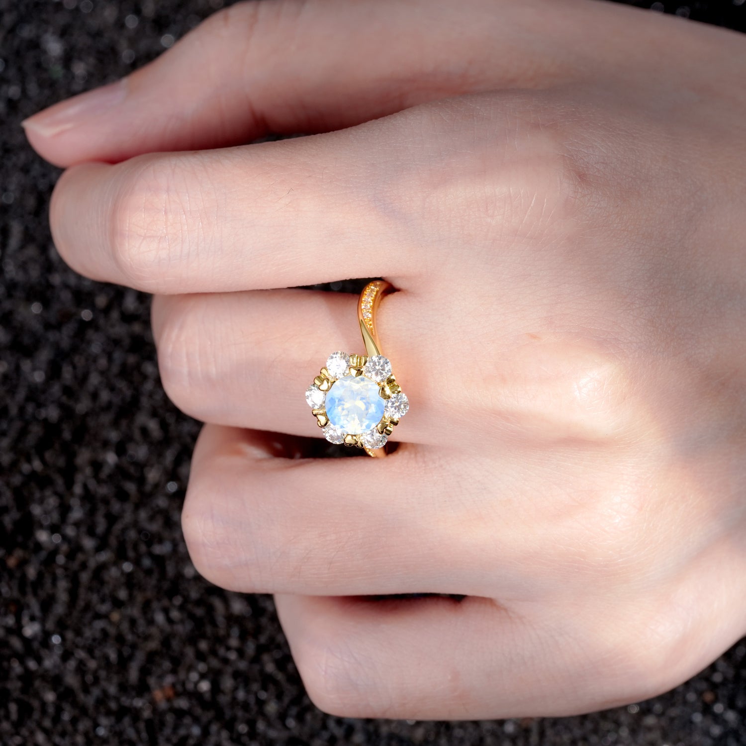 Round Cut Moonstone Heart Halo Ring  for Her