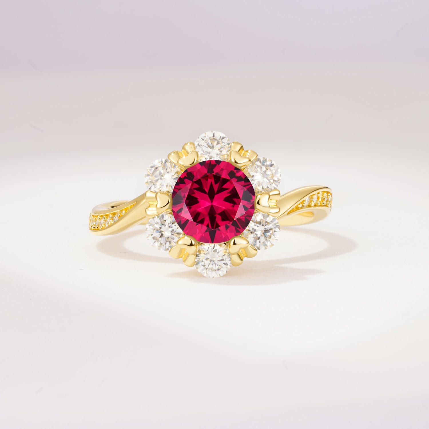 Round Cut Ruby Heart Halo Ring  for Her