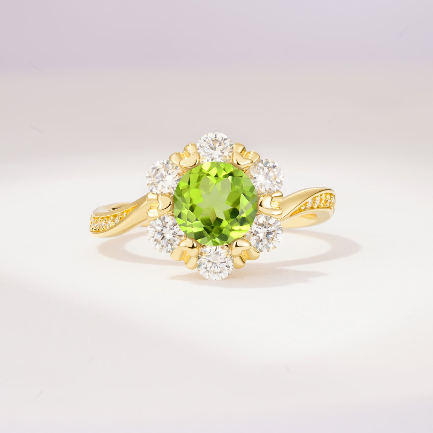 Round Cut Peridot Heart Halo Ring  for Her