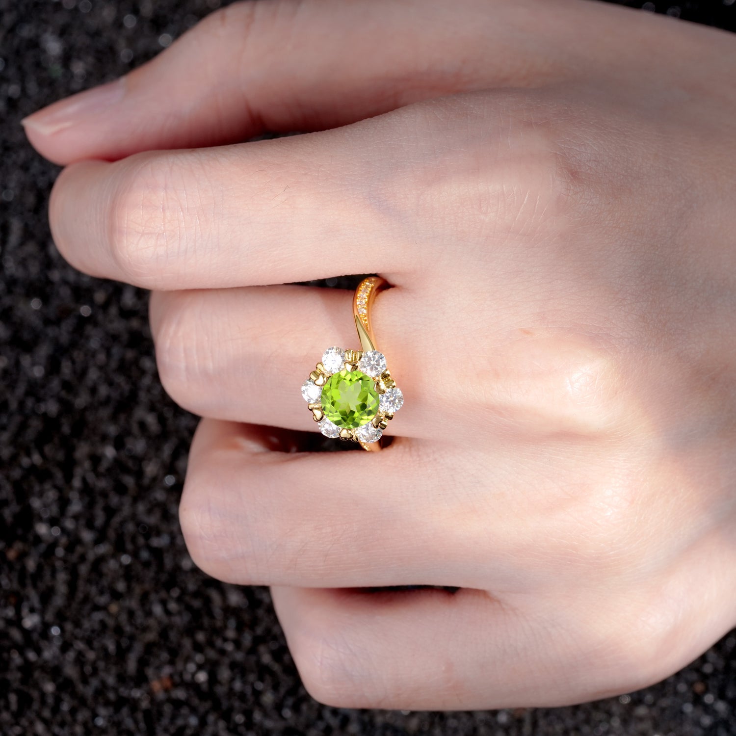 Round Cut Peridot Heart Halo Ring  for Her