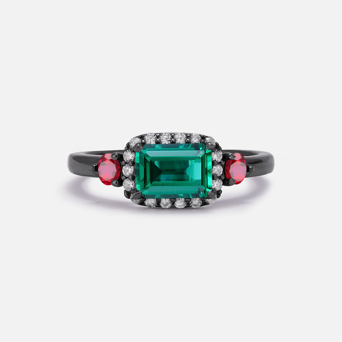 Halloween Emerald Cut Emerald Three-Stone Engagement Ring