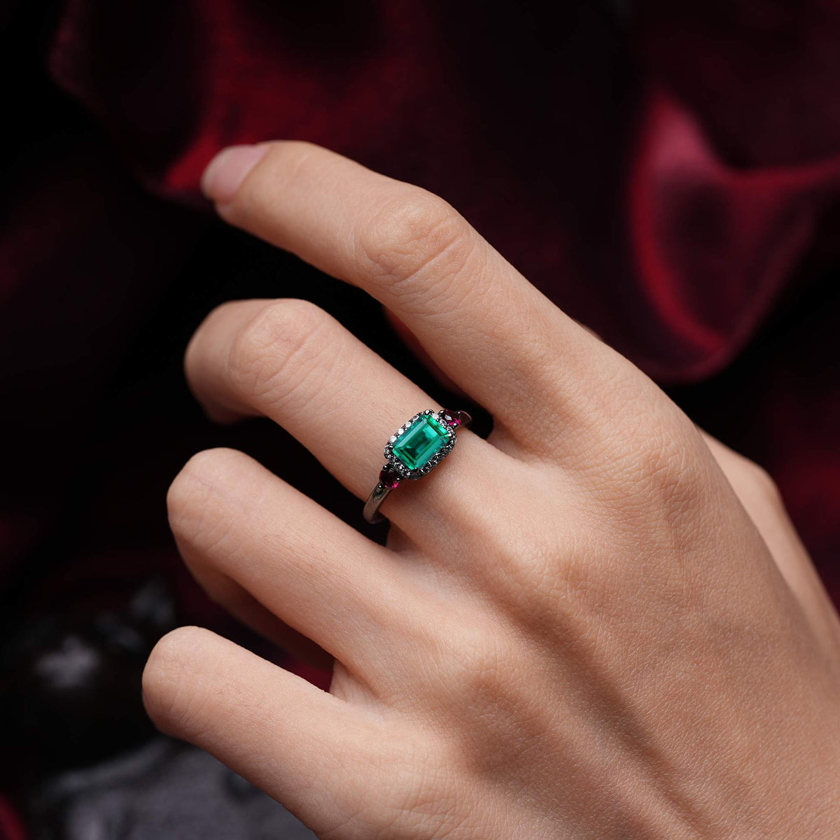 Halloween Emerald Cut Emerald Three-Stone Engagement Ring
