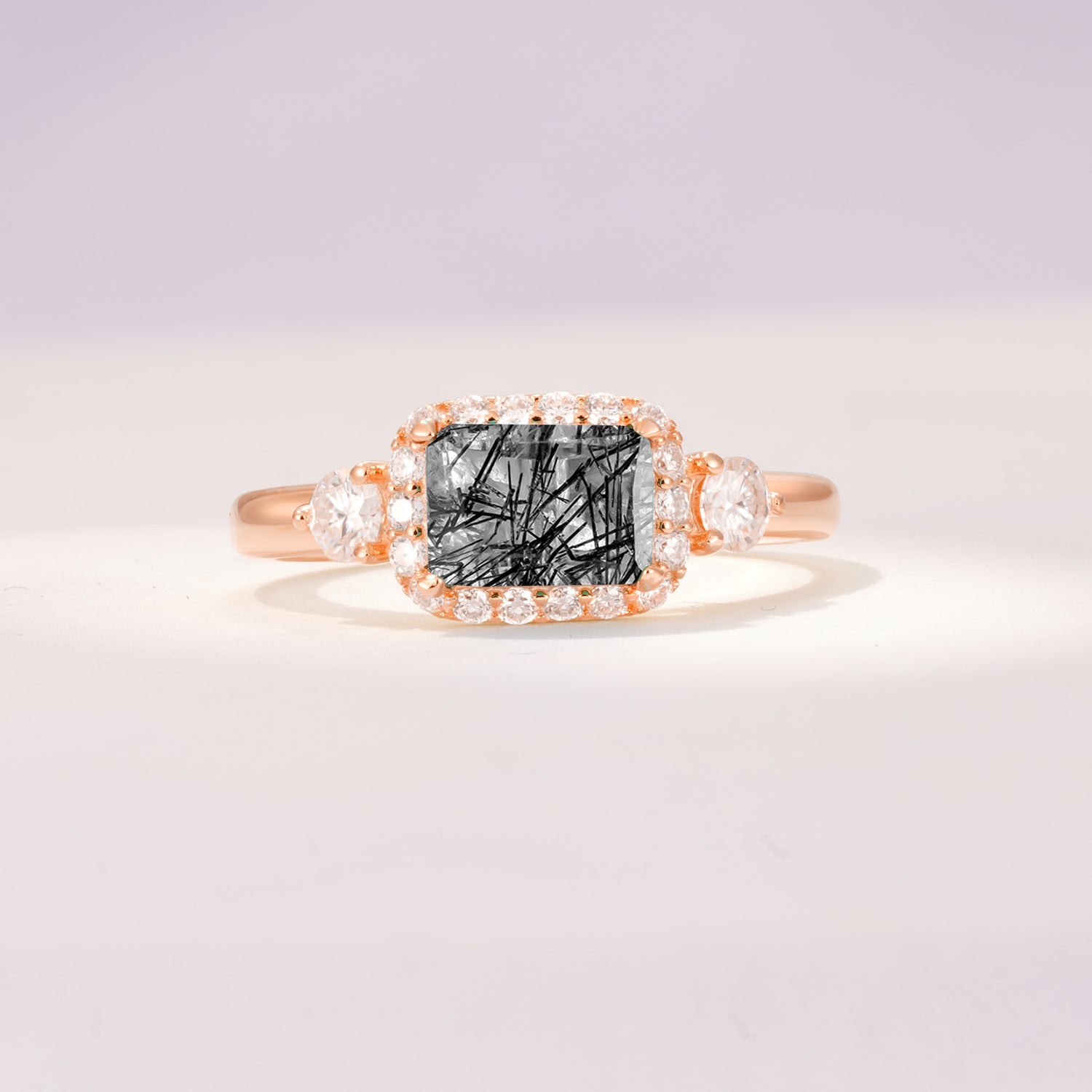 Timeless Elegance Emerald Cut Halo Black Rutilated Quartz Engagement Ring