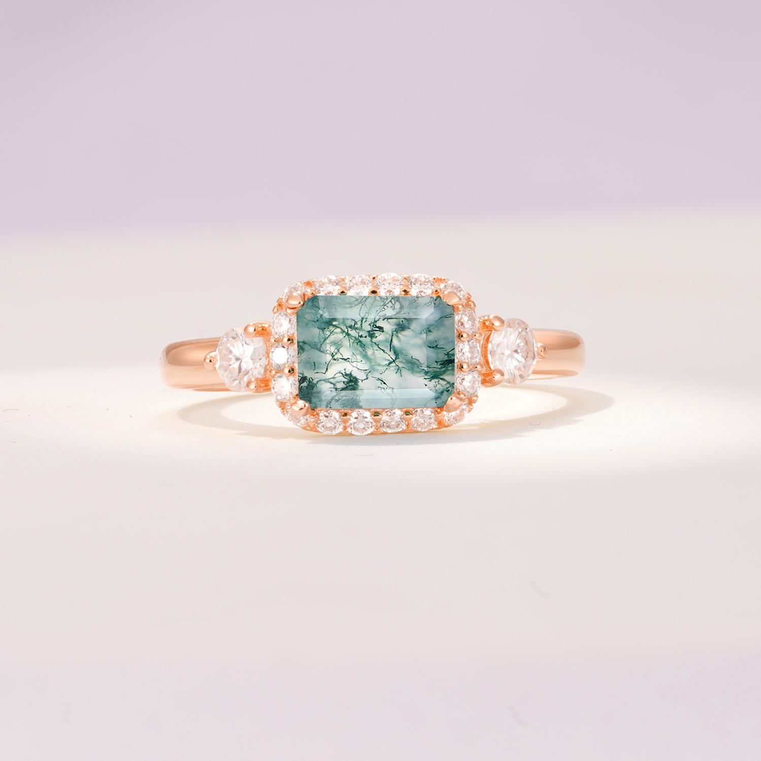 Timeless Elegance Emerald Cut Halo Moss Agate Engagement Ring