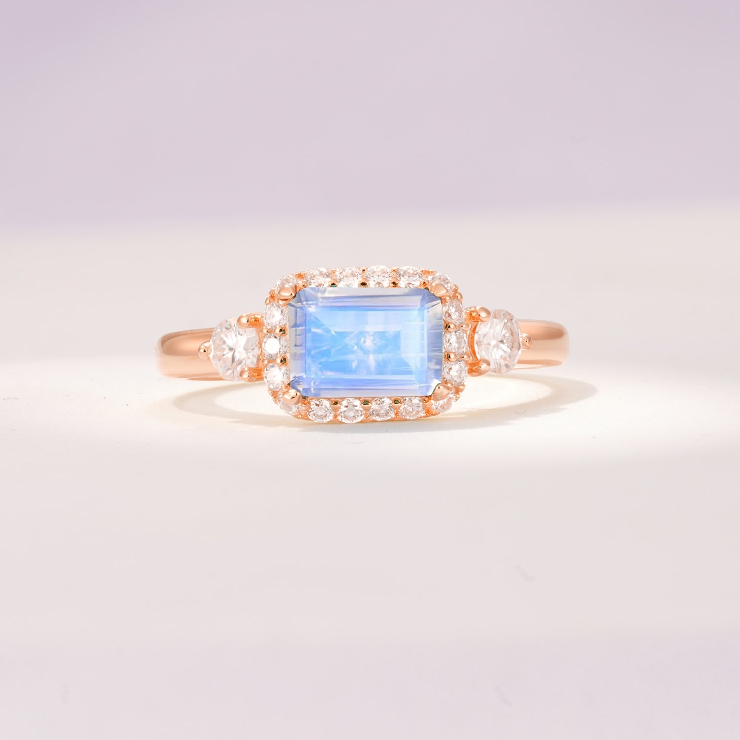 Timeless Elegance Emerald Cut Halo Moonstone Engagement Ring