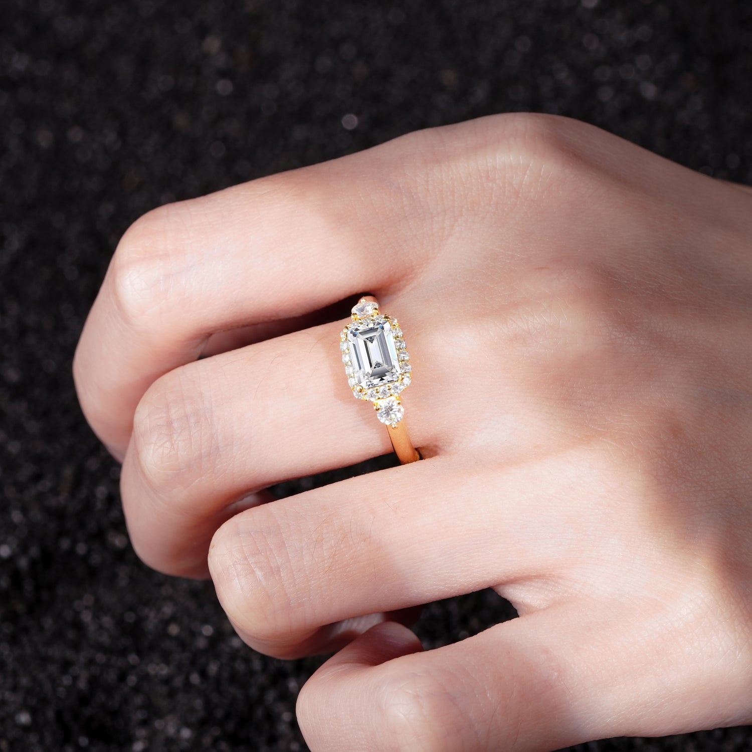 Timeless Elegance Emerald Cut Halo Moissanite Engagement Ring