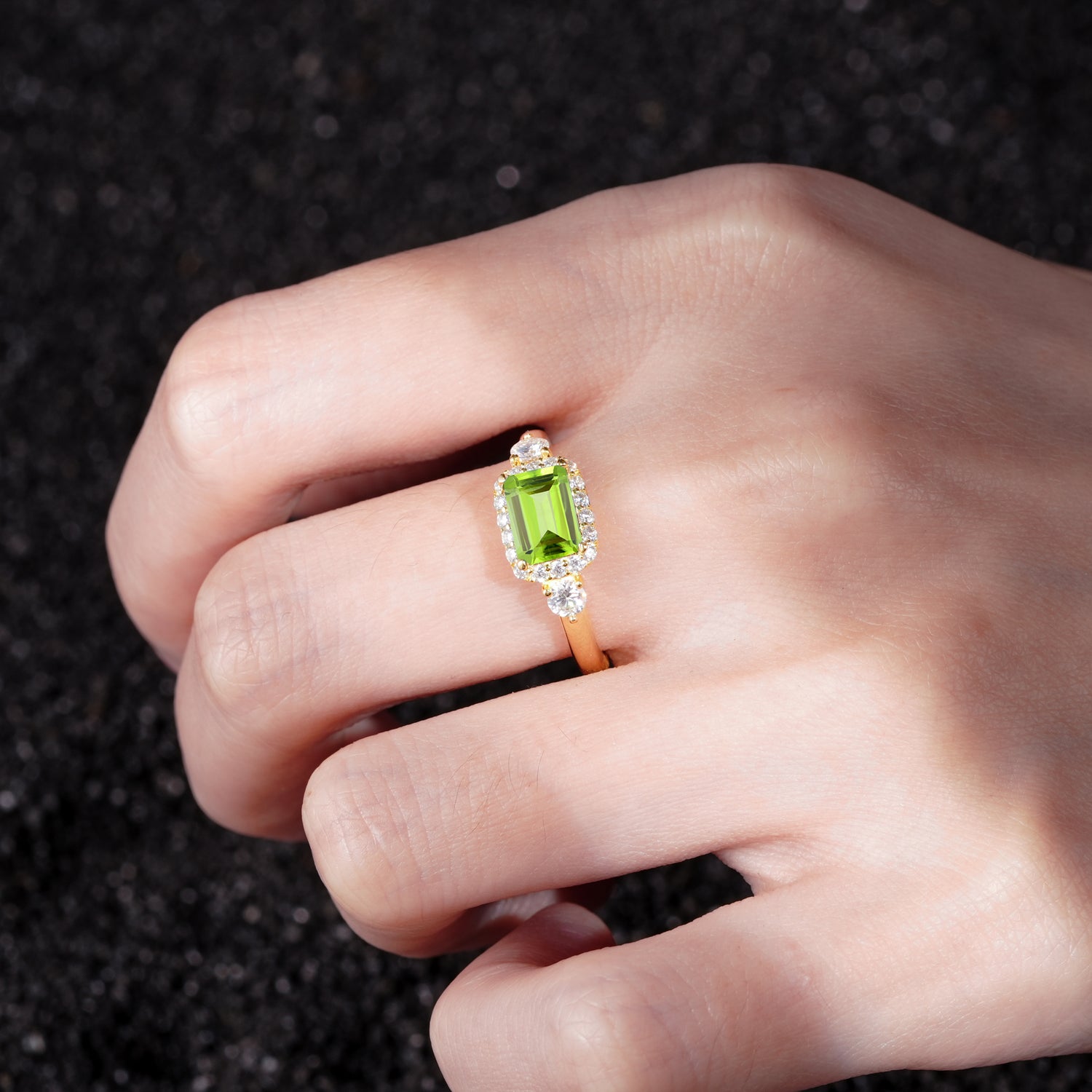 Timeless Elegance Emerald Cut Halo Peridot Engagement Ring