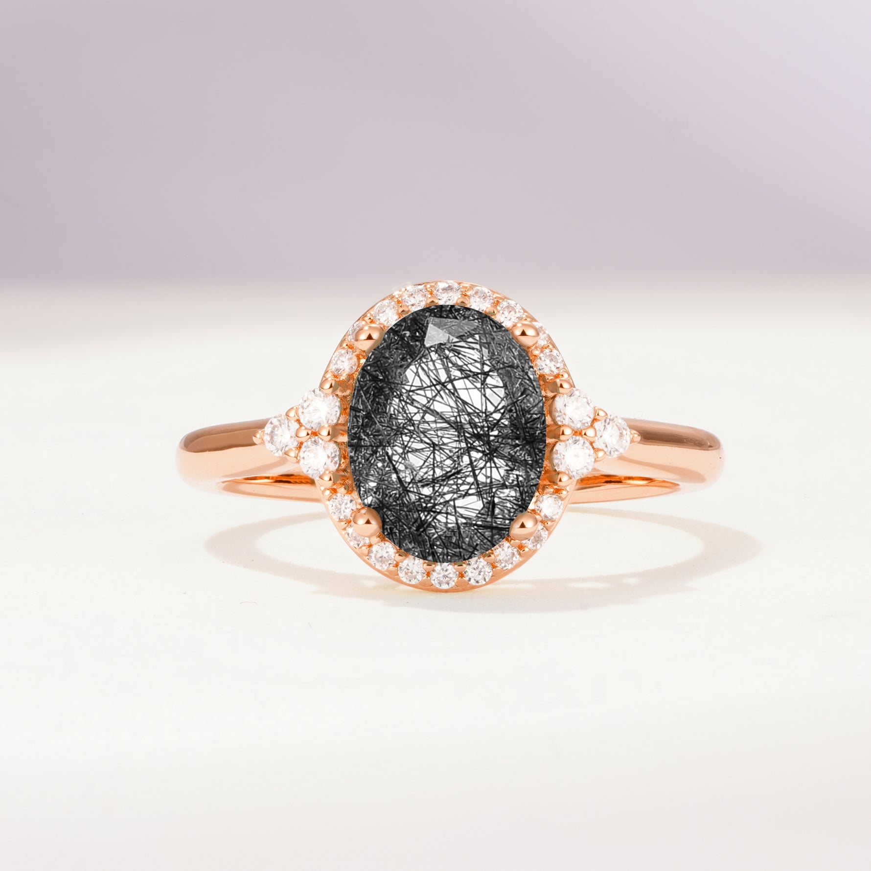 Romantic Oval Cut Full Halo Black Rutilated Quartz Engagement Ring - Additional view
