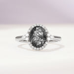 Romantic Oval Cut Full Halo Black Rutilated Quartz Engagement Ring - Additional view