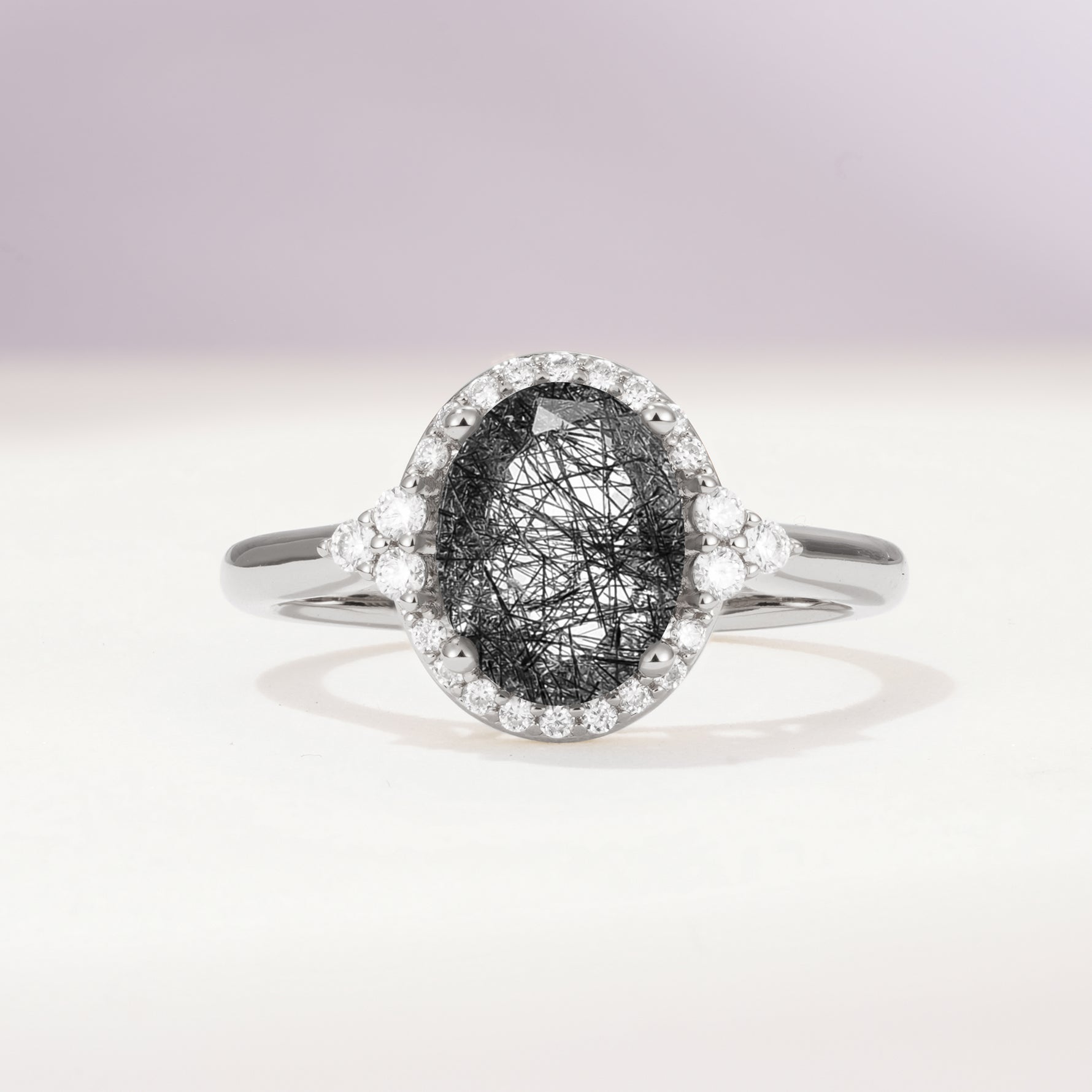 Romantic Oval Cut Full Halo Black Rutilated Quartz Engagement Ring - Additional view