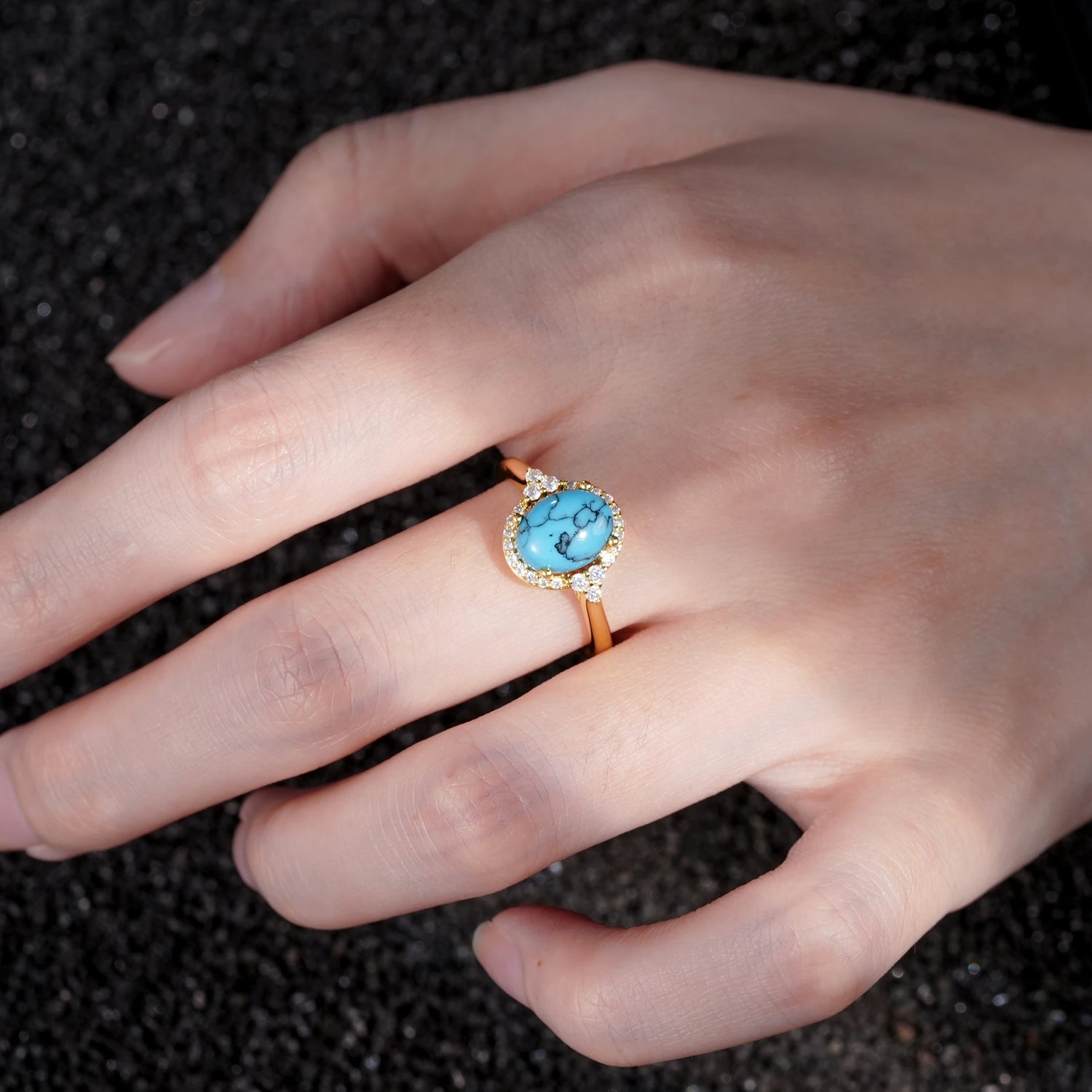 Romantic Oval Cut Full Halo Turquoise Engagement Ring