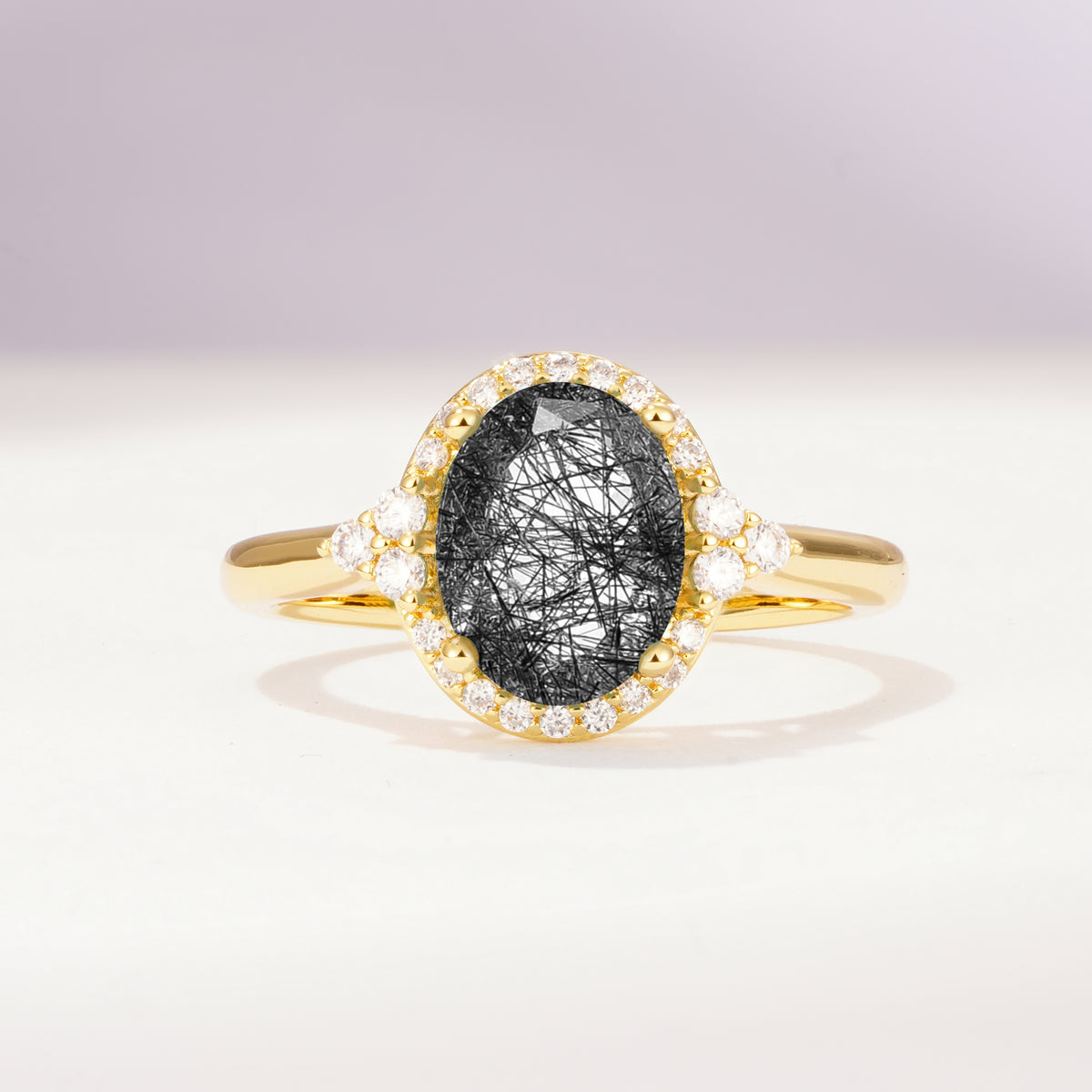 Romantic Oval Cut Full Halo Black Rutilated Quartz Engagement Ring - Additional view
