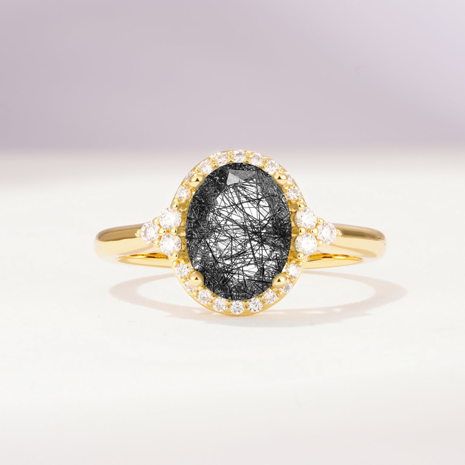 Romantic Oval Cut Full Halo Black Rutilated Quartz Engagement Ring - Additional view