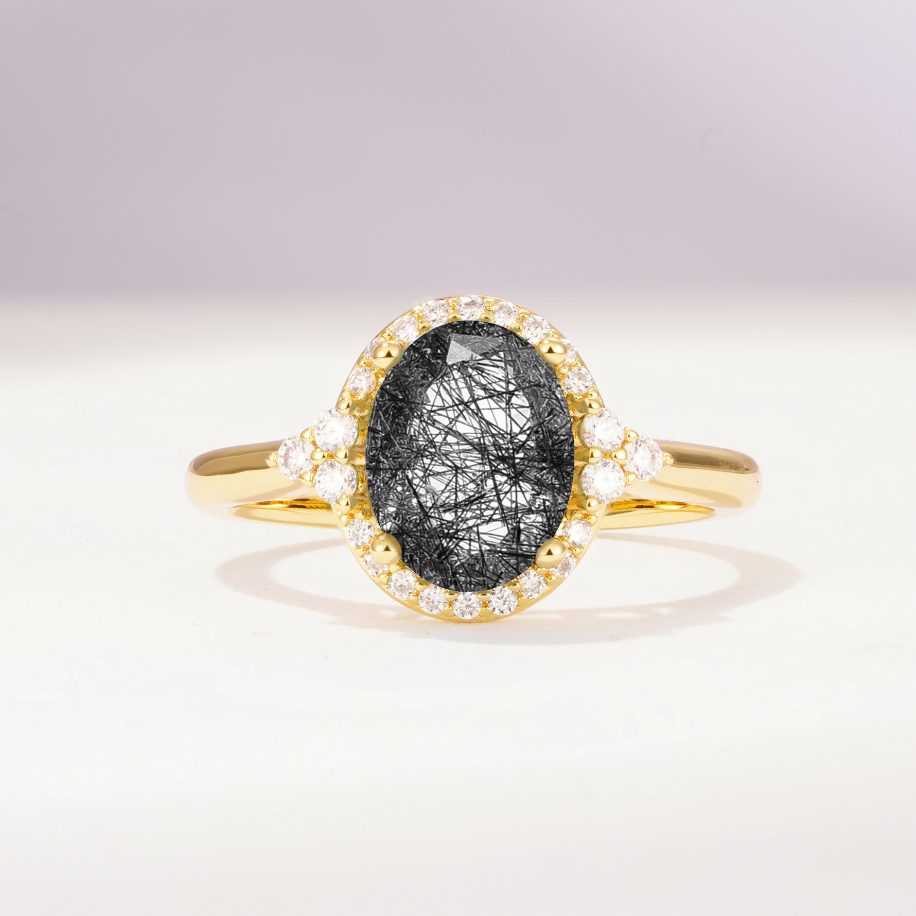 Romantic Oval Cut Full Halo Black Rutilated Quartz Engagement Ring - Additional view