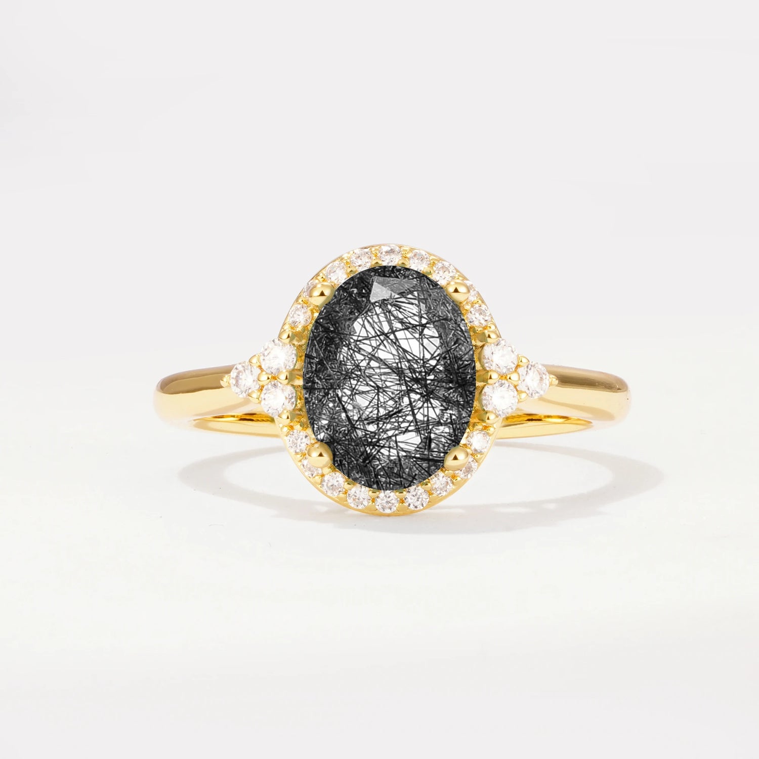 Romantic Oval Cut Full Halo Black Rutilated Quartz Engagement Ring