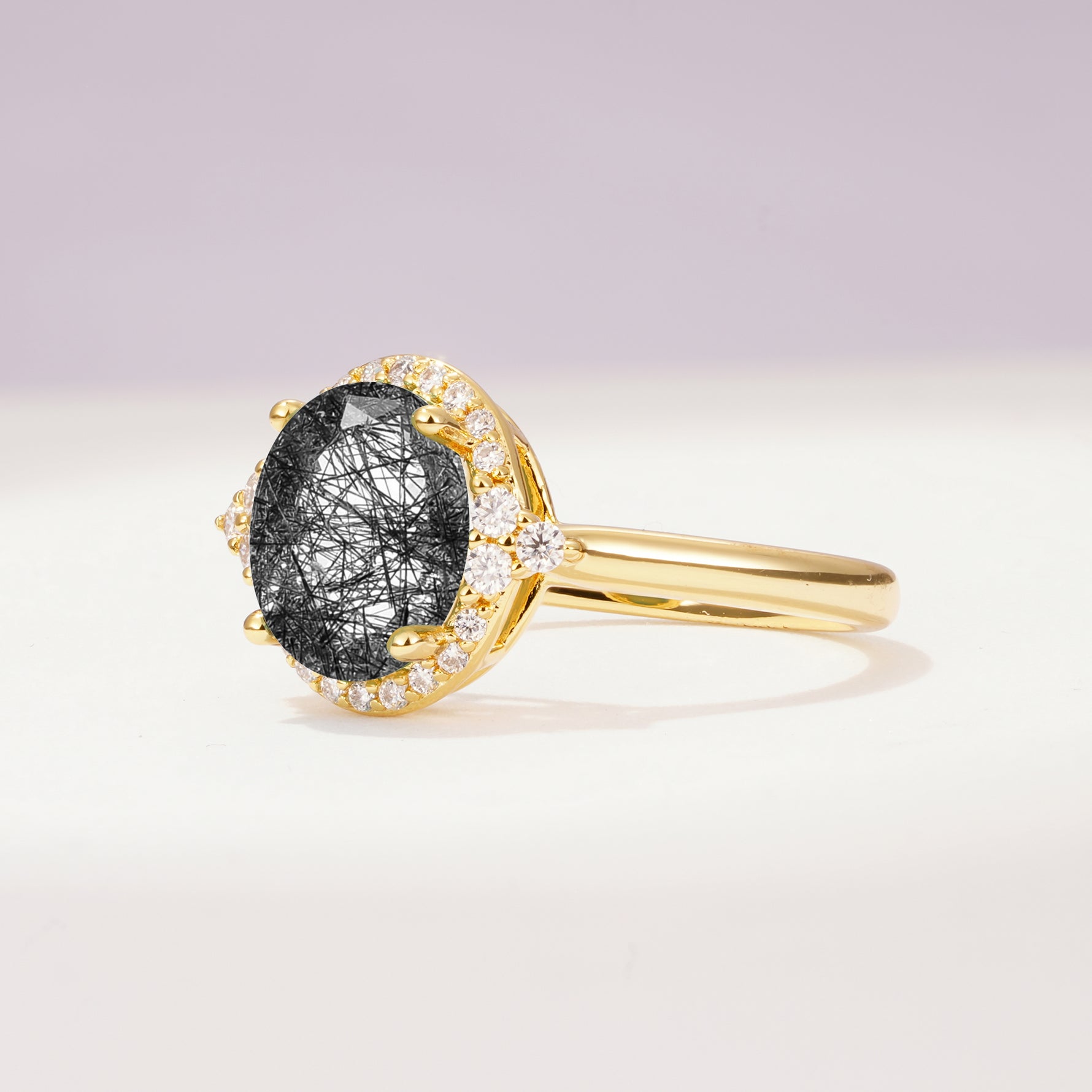 Romantic Oval Cut Full Halo Black Rutilated Quartz Engagement Ring - Additional view