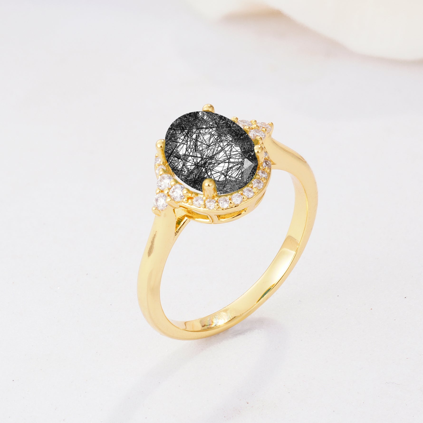 Romantic Oval Cut Full Halo Black Rutilated Quartz Engagement Ring - Additional view