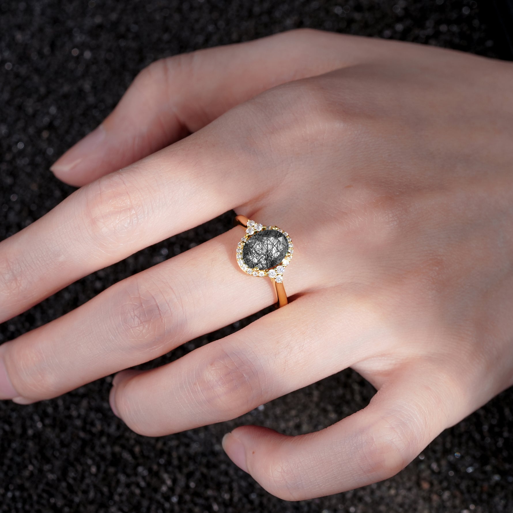 Romantic Oval Cut Full Halo Black Rutilated Quartz Engagement Ring - Additional view