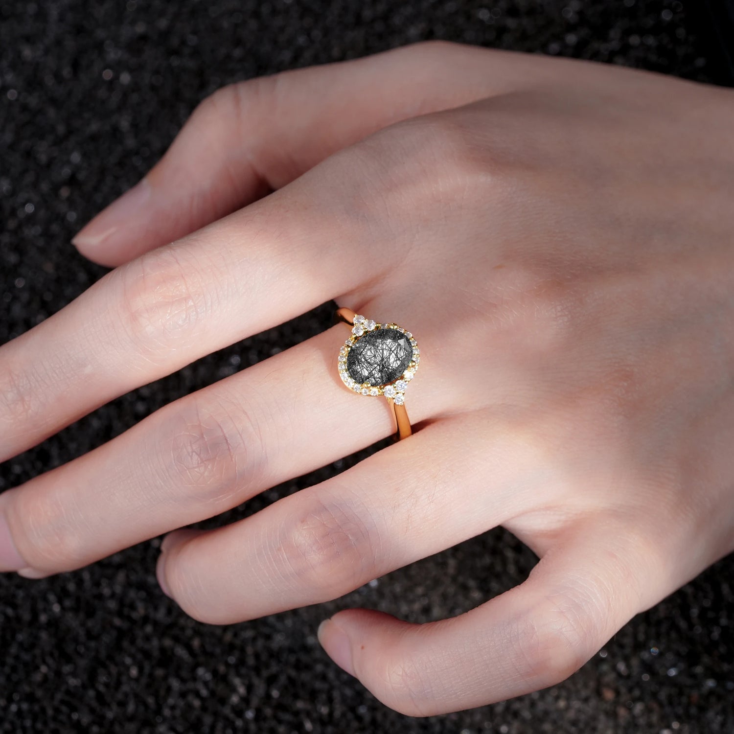 Romantic Oval Cut Full Halo Black Rutilated Quartz Engagement Ring
