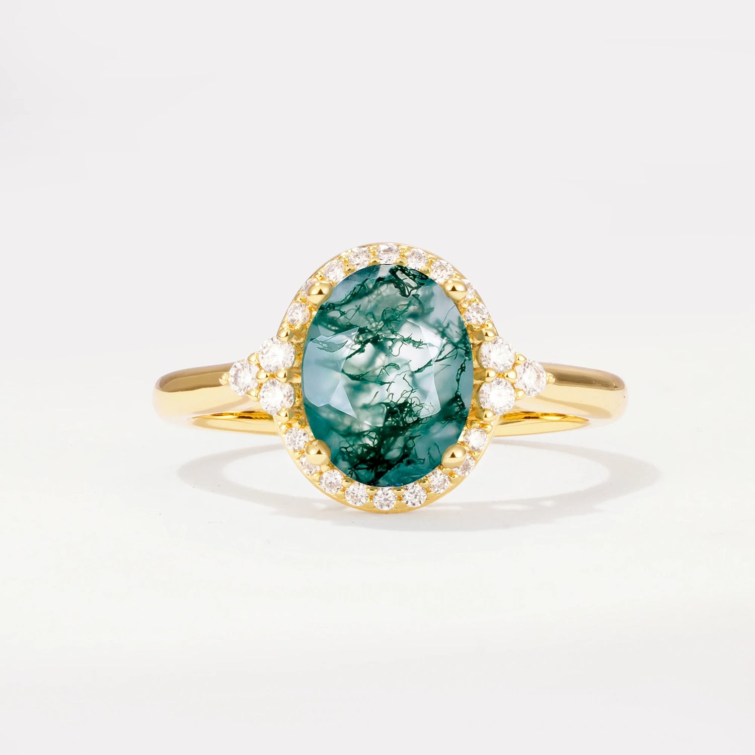 Halo Oval Cut Moss Agate Engagement Ring with Side Stones for Women