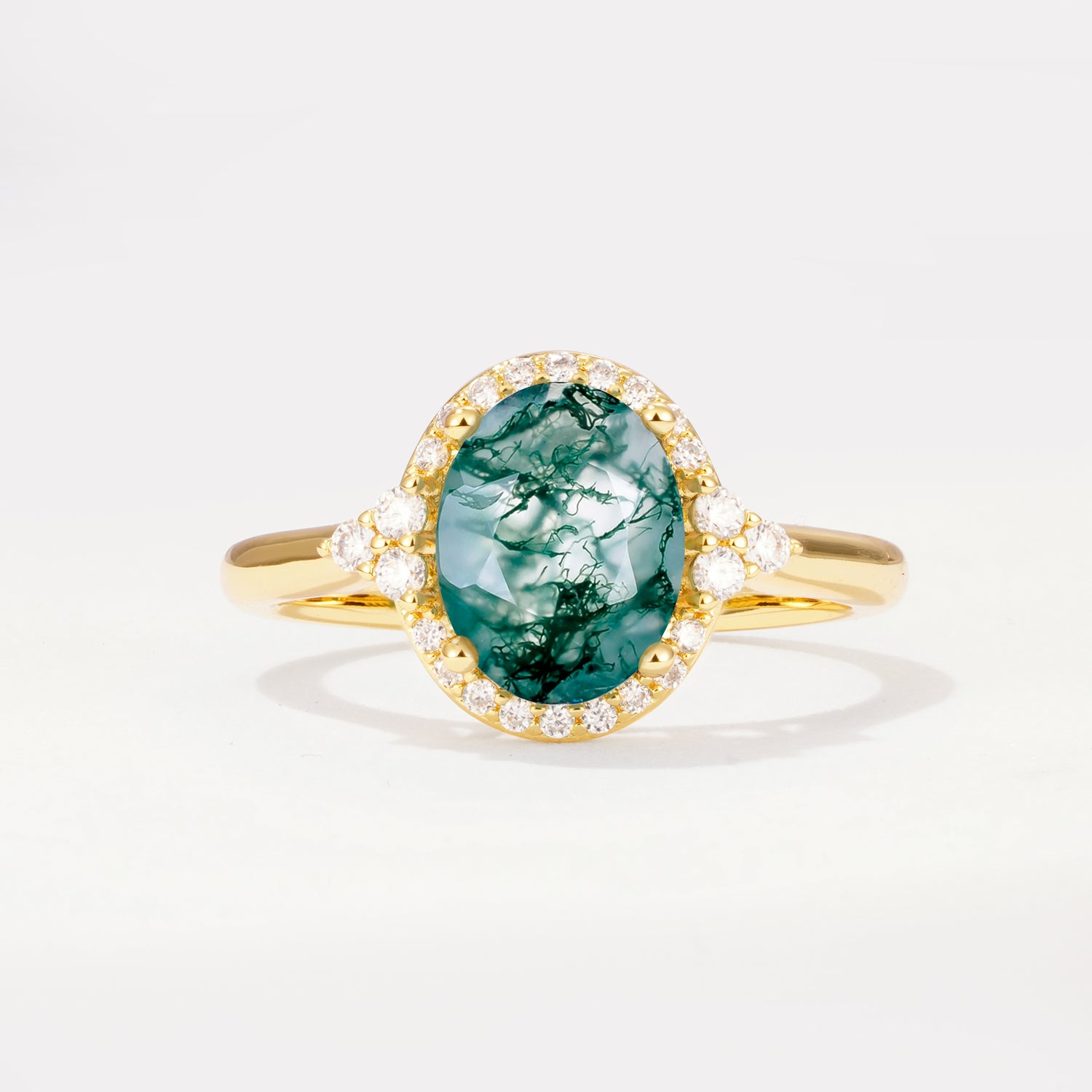 Halo Oval Cut Moss Agate Engagement Ring with Side Stones for Women
