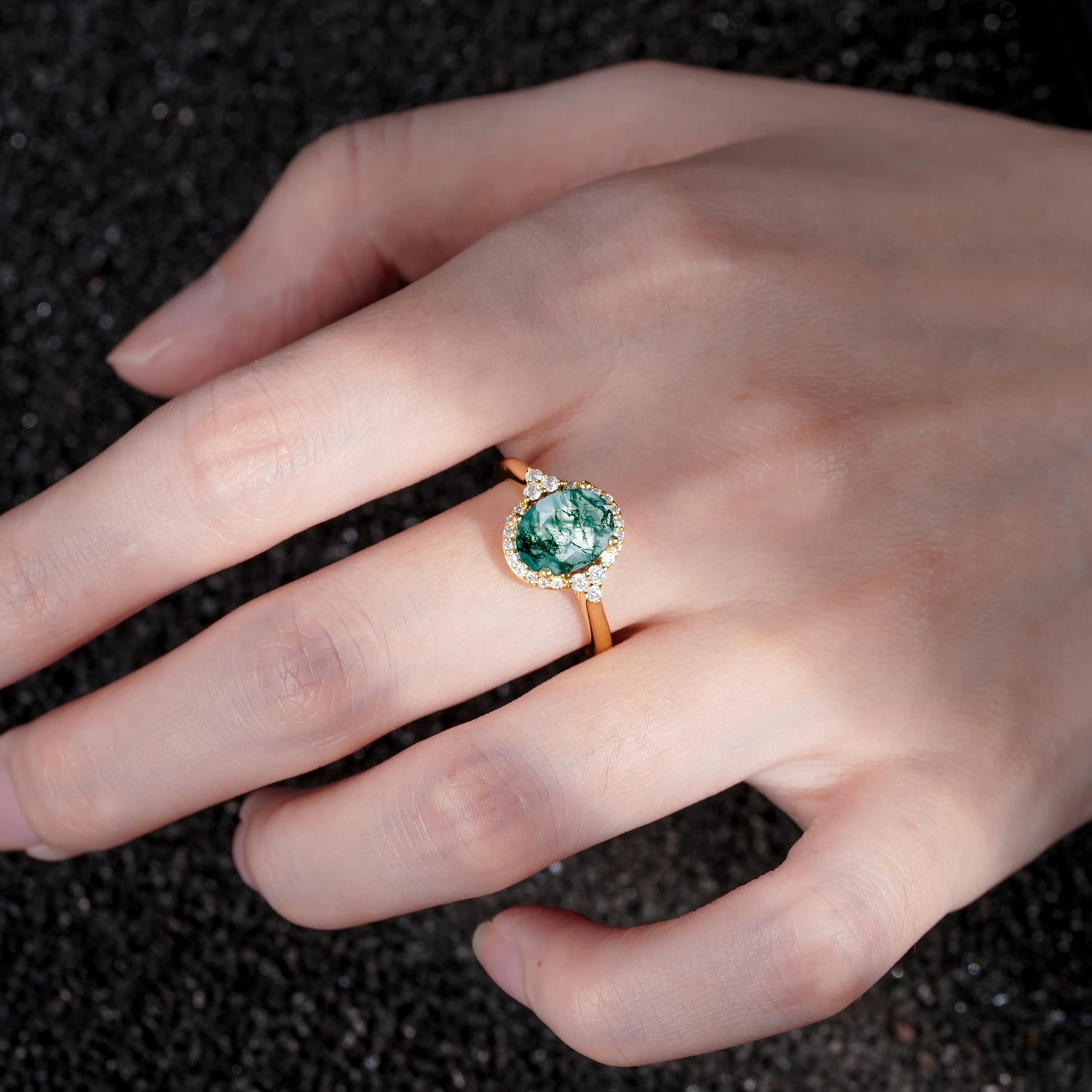 Halo Oval Cut Moss Agate Engagement Ring with Side Stones for Women