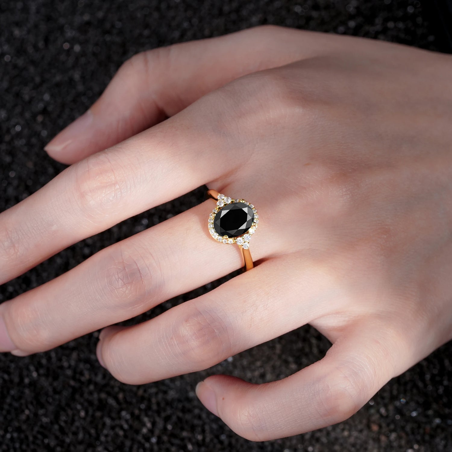 Romantic Oval Cut Full Halo Black Onyx Engagement Ring